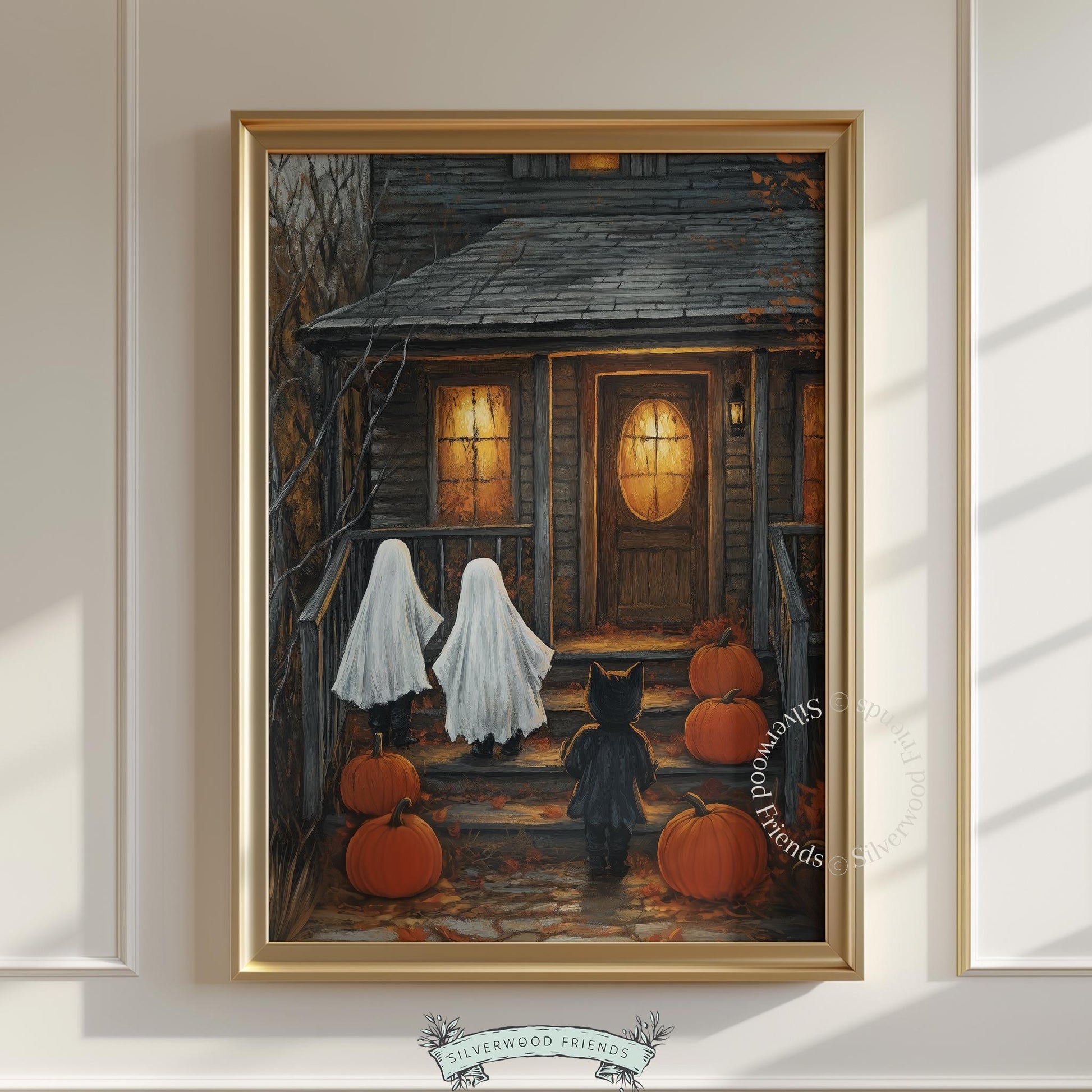 Festive Halloween gathering wall picture for parlor — ghosts and pet black cat visit spooky manor with warm golden lighting