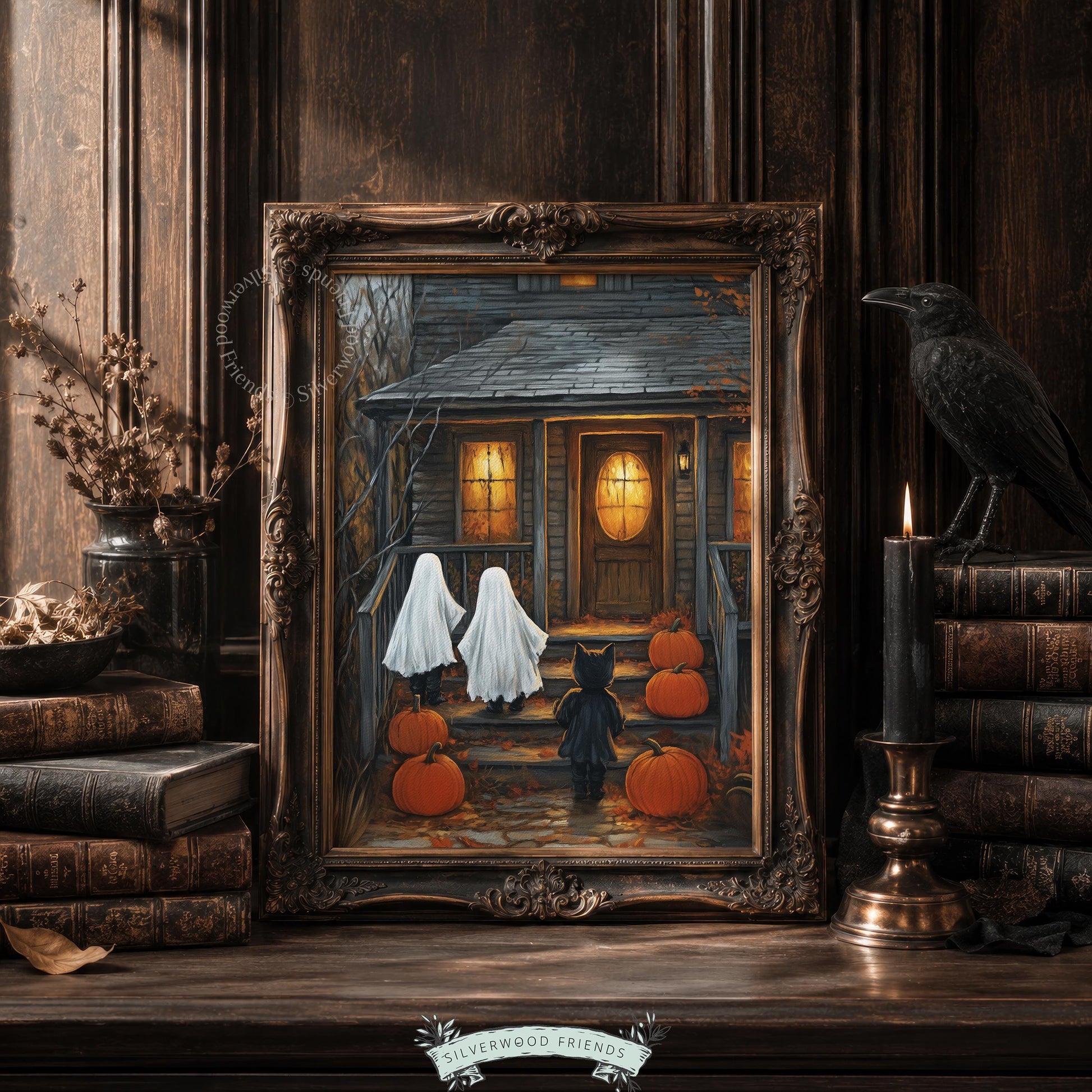 Ghost trick-or-treaters approaching haunted house wall art for entryway — spooky vintage autumn scene with moody ambiance