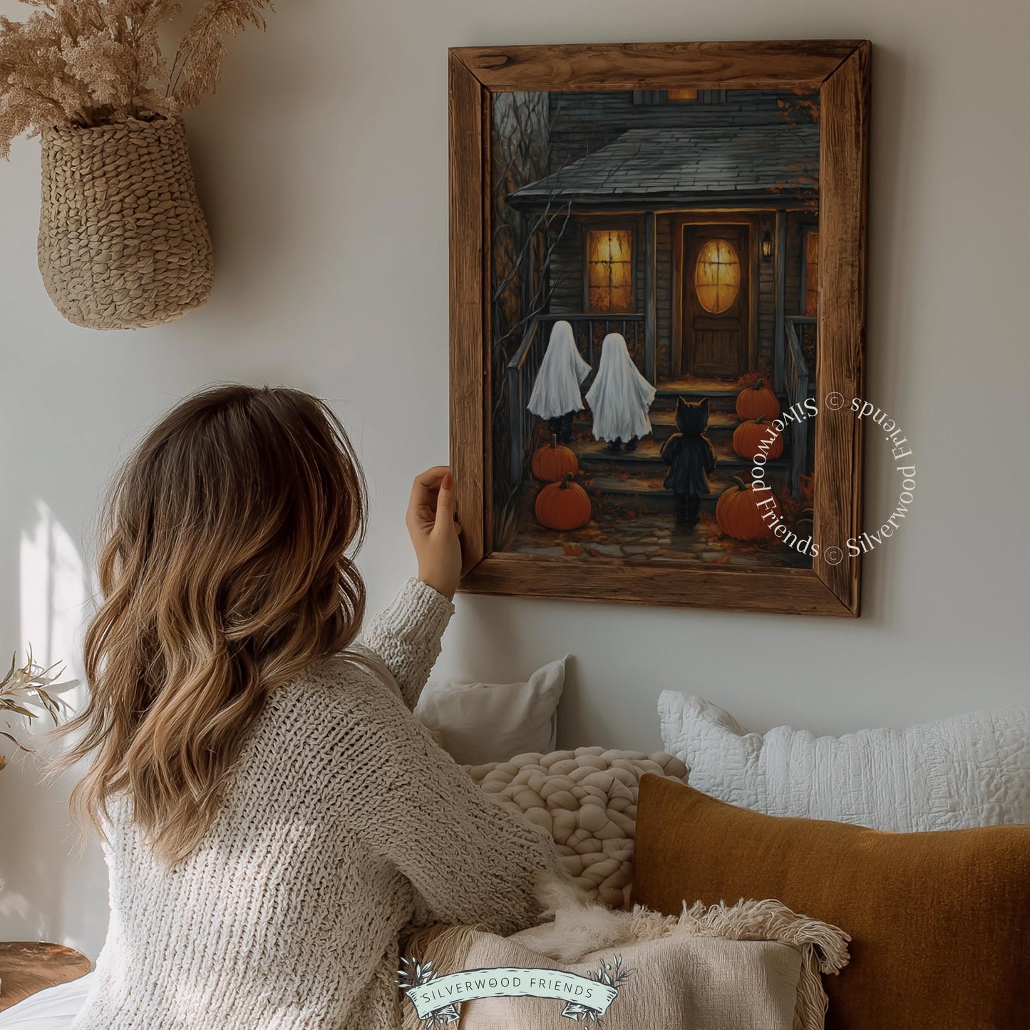 Dark autumn evening at haunted residence printable wall art — ghostly visitors, glowing windows, textured vintage style for fall hosting