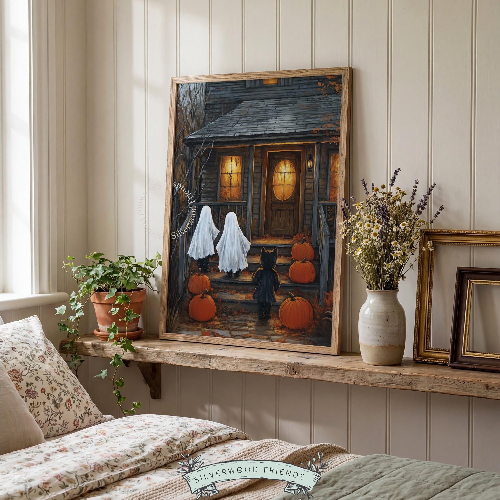 Witchy Halloween night painting for kitchen — costumed visitors approach old wooden house with jack-o'-lantern glow and dark palette