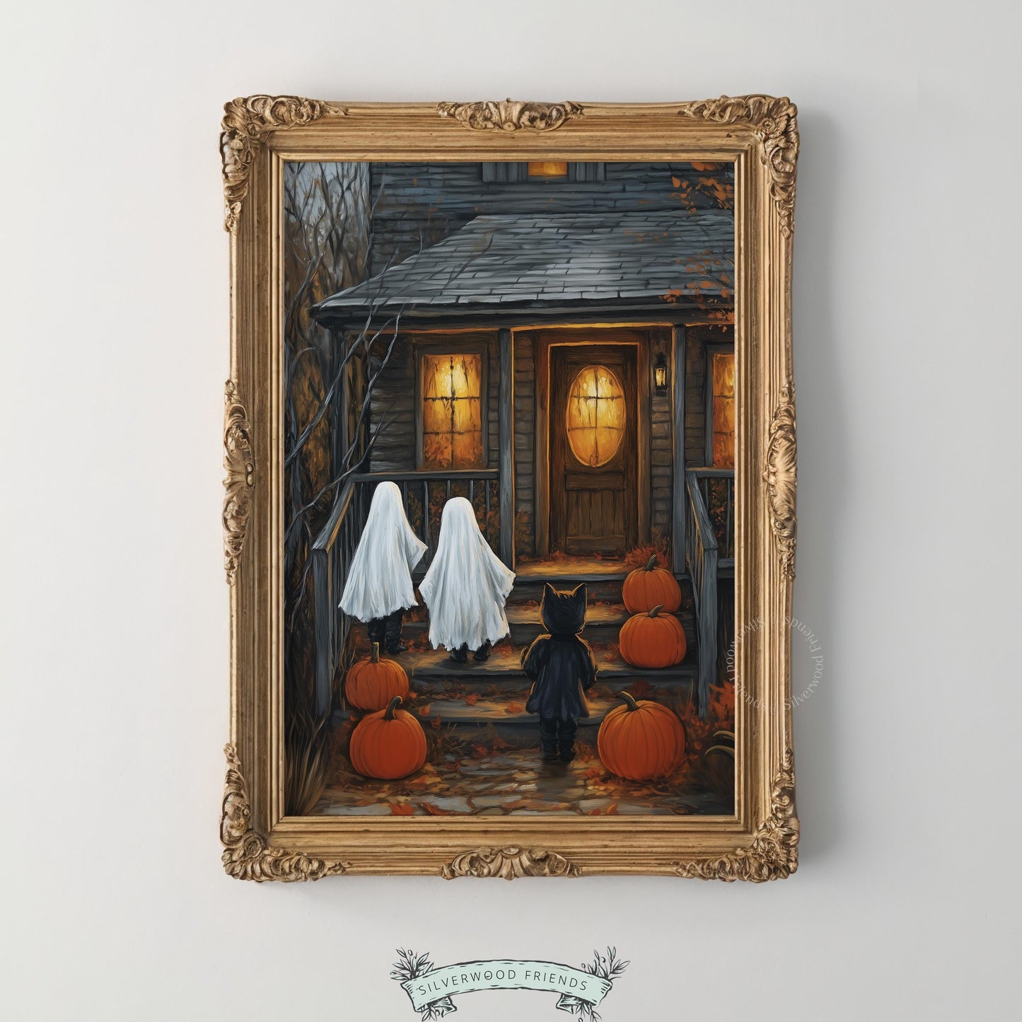 Halloween porch scene artwork for entryway — jack-o'-lanterns and costumed characters approach old house with moody golden light