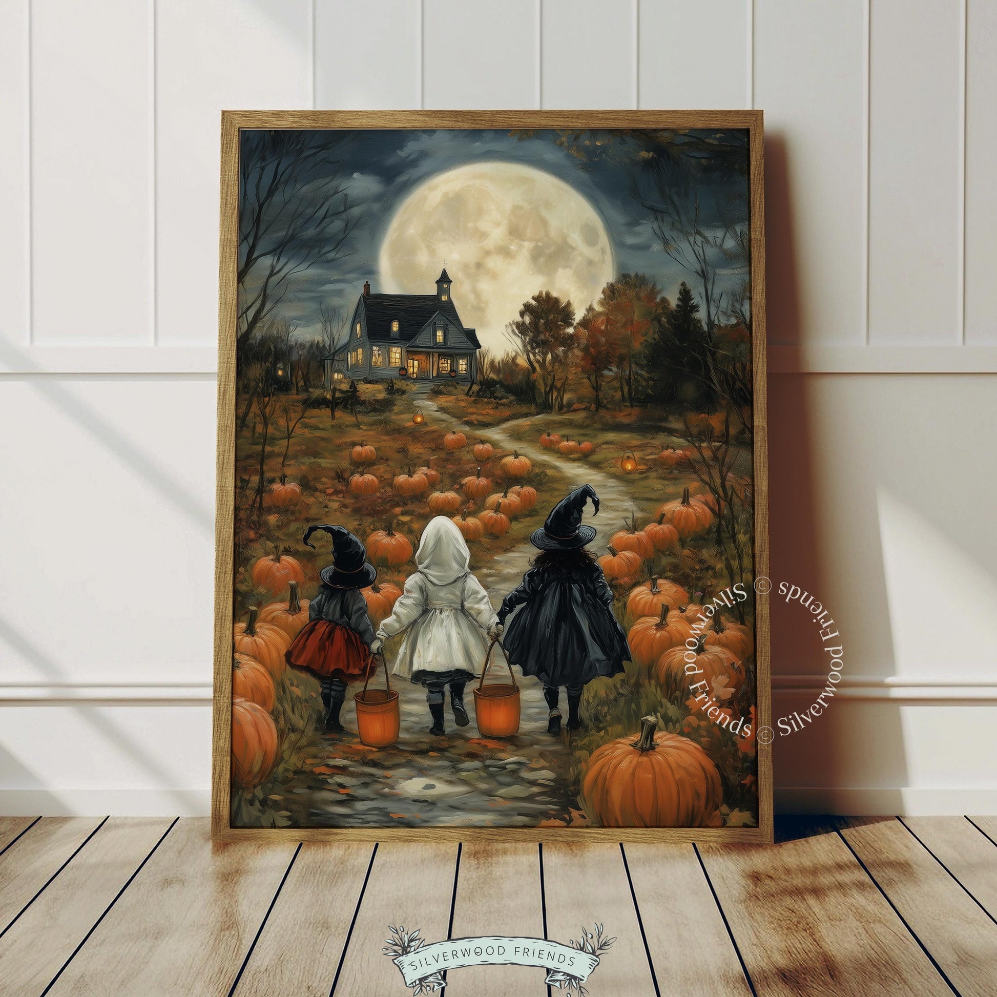 Kids in costume parade through pumpkin field digital print for living room — dark cottagecore autumn aesthetic