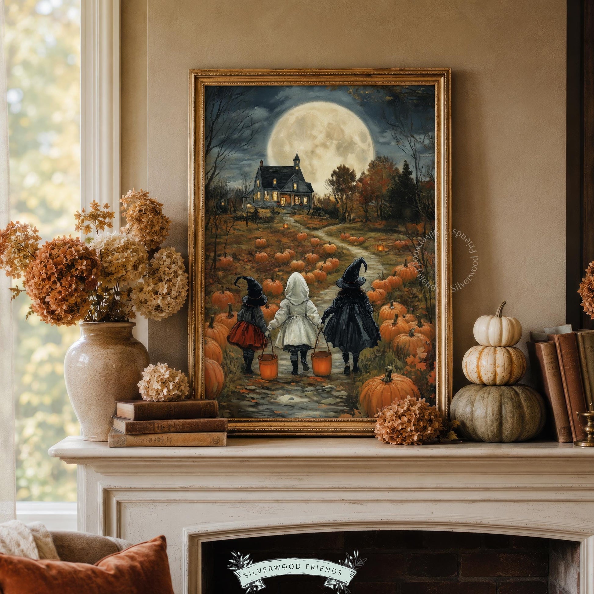 Spooky moonlit path through pumpkins with three costumed children poster for gallery wall — dark warm autumn memory