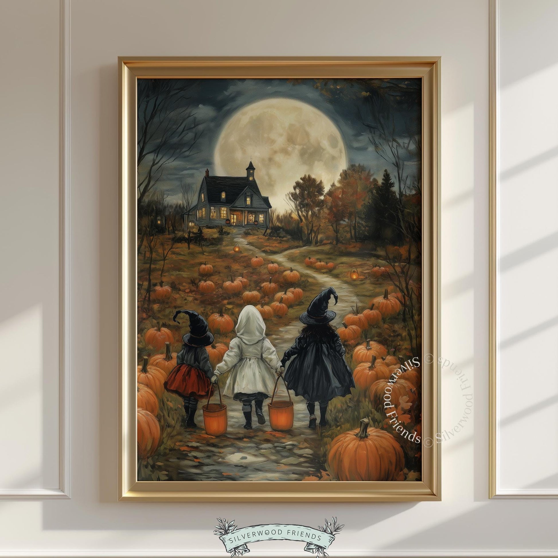 Spooky children walking through gourds under full moon poster printable art for living room — dark autumn vibes