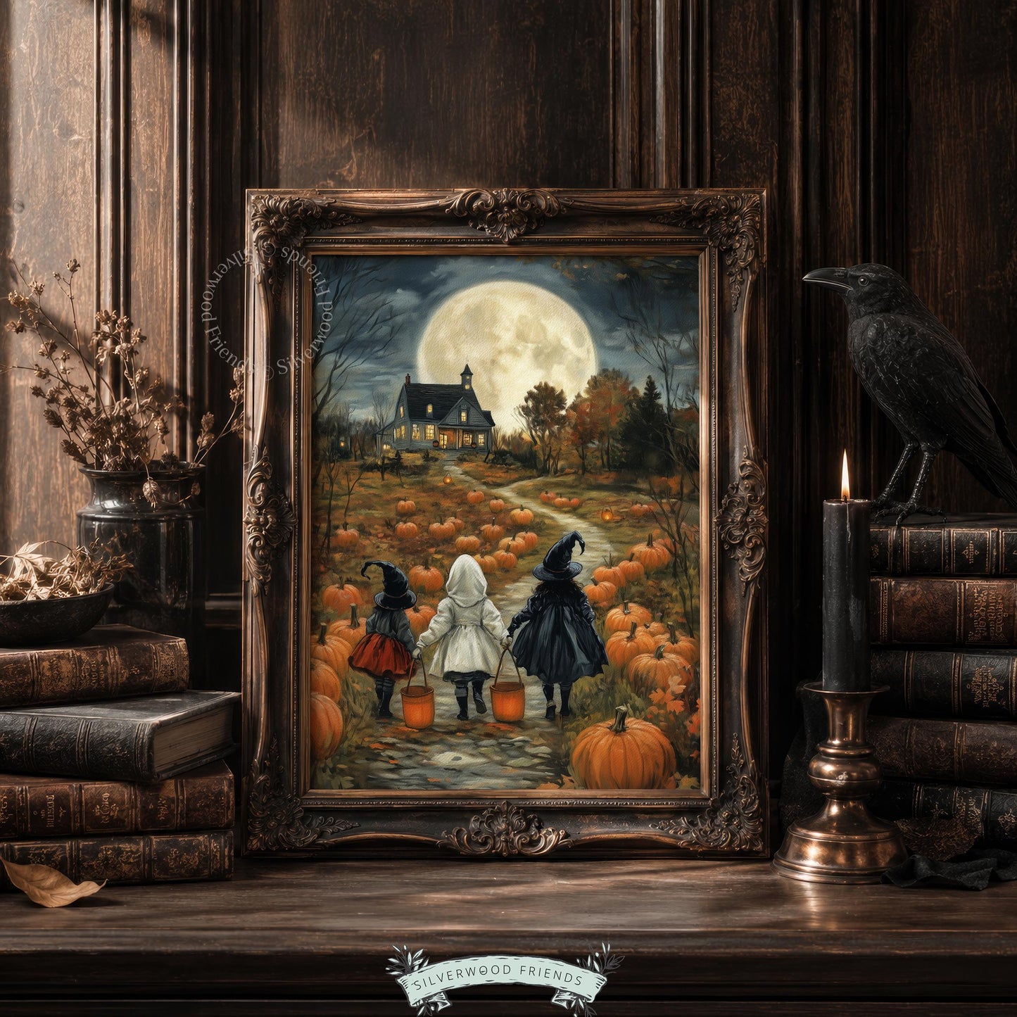 Children silhouettes in costumes through autumn gourd field printable art for living room — moody textured oil painting