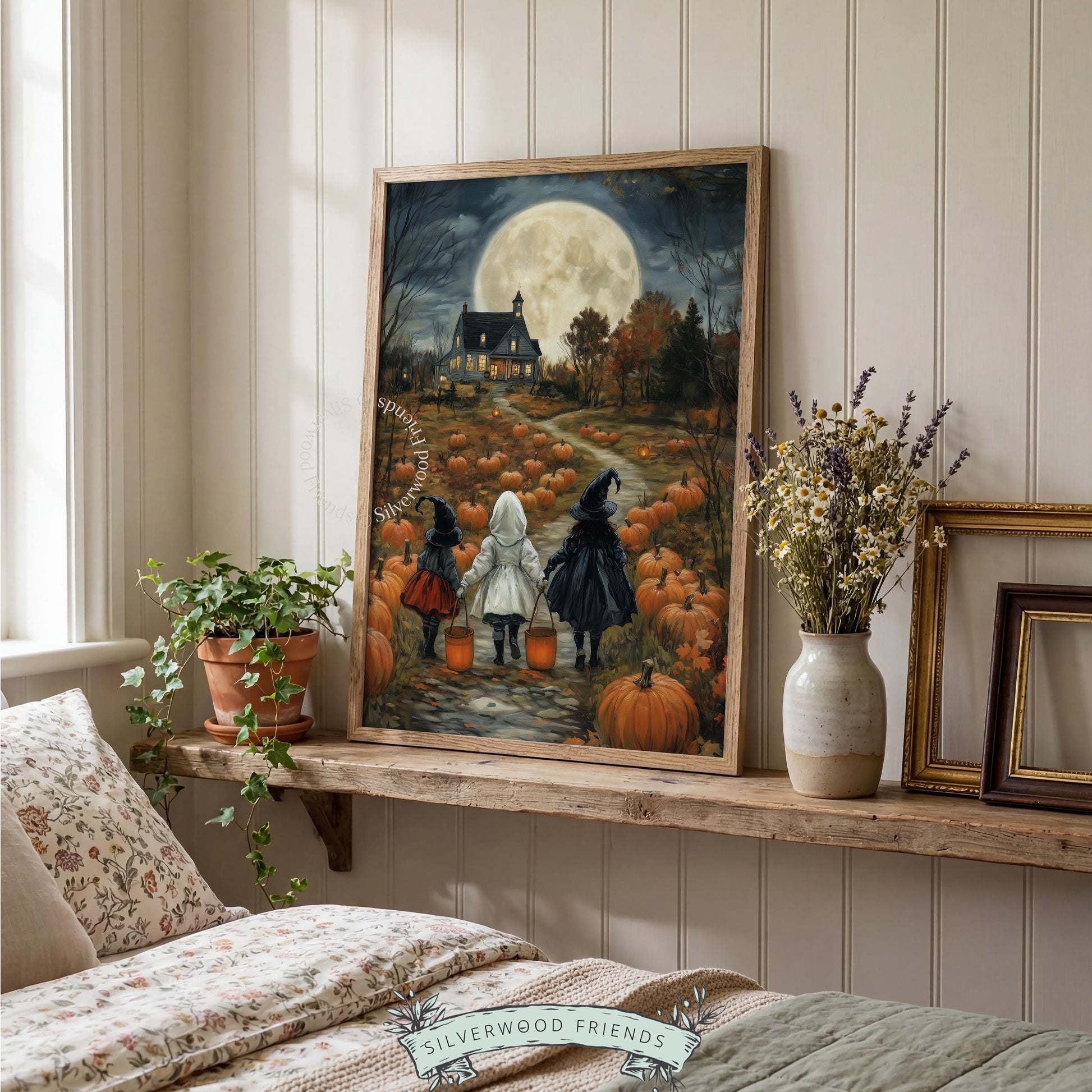 Vintage-style children Halloween costume scene through pumpkin field wall picture for bedroom — warm aged tones