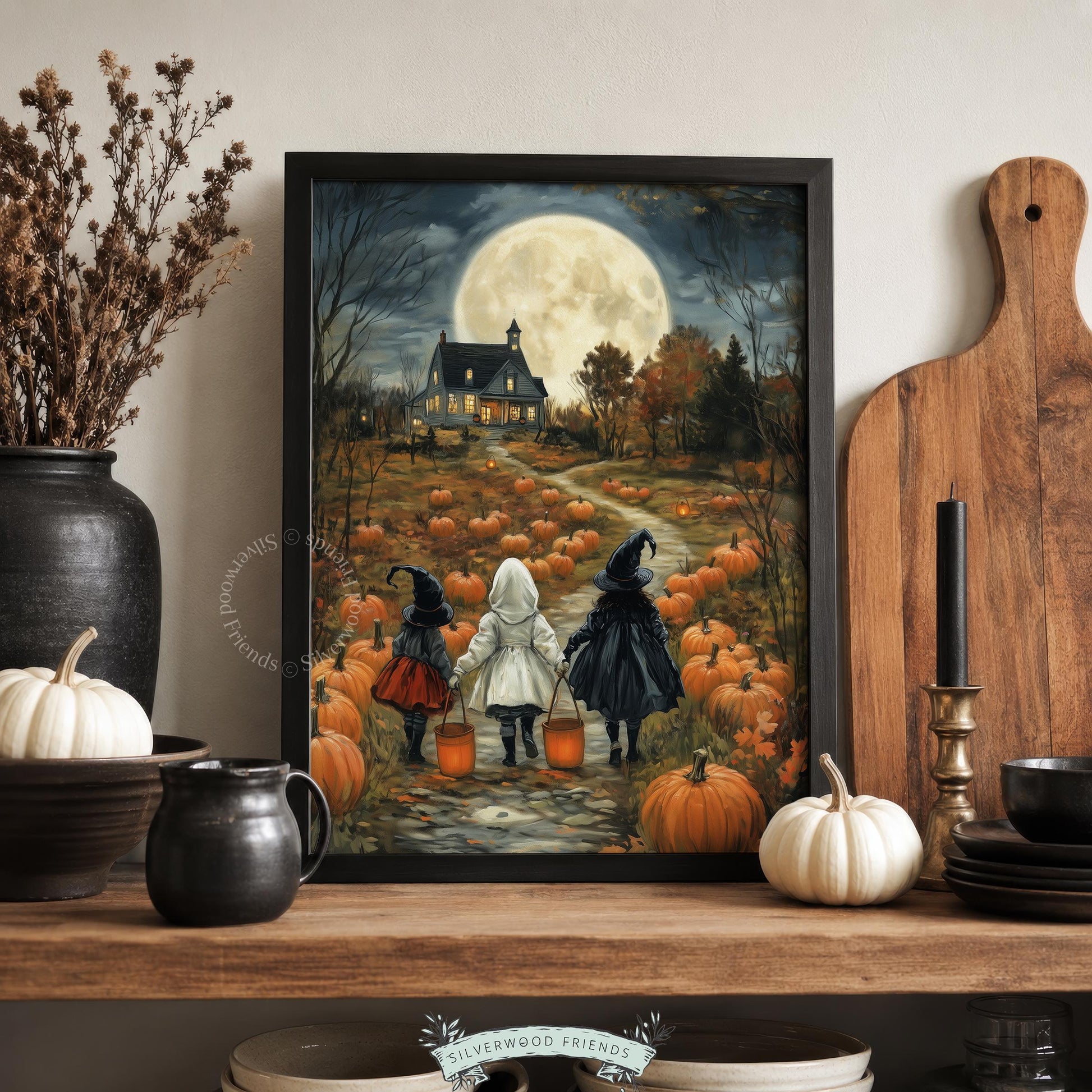 Moonlit pumpkin patch with kids in witch hats walking away poster art for nursery — cozy spooky season decoration
