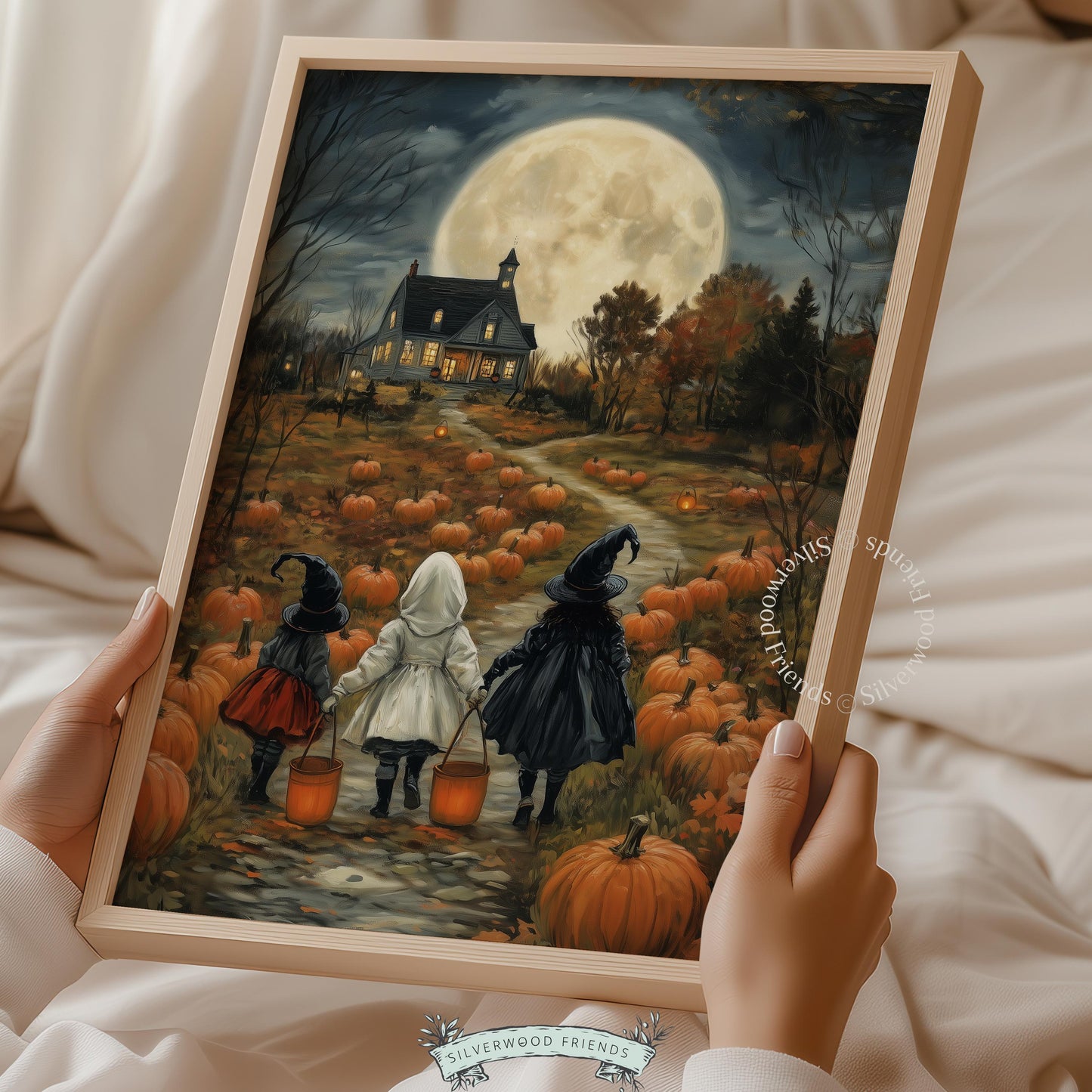 Costumed children through pumpkin patch illustration printable for gallery wall — aged autumn memory mood
