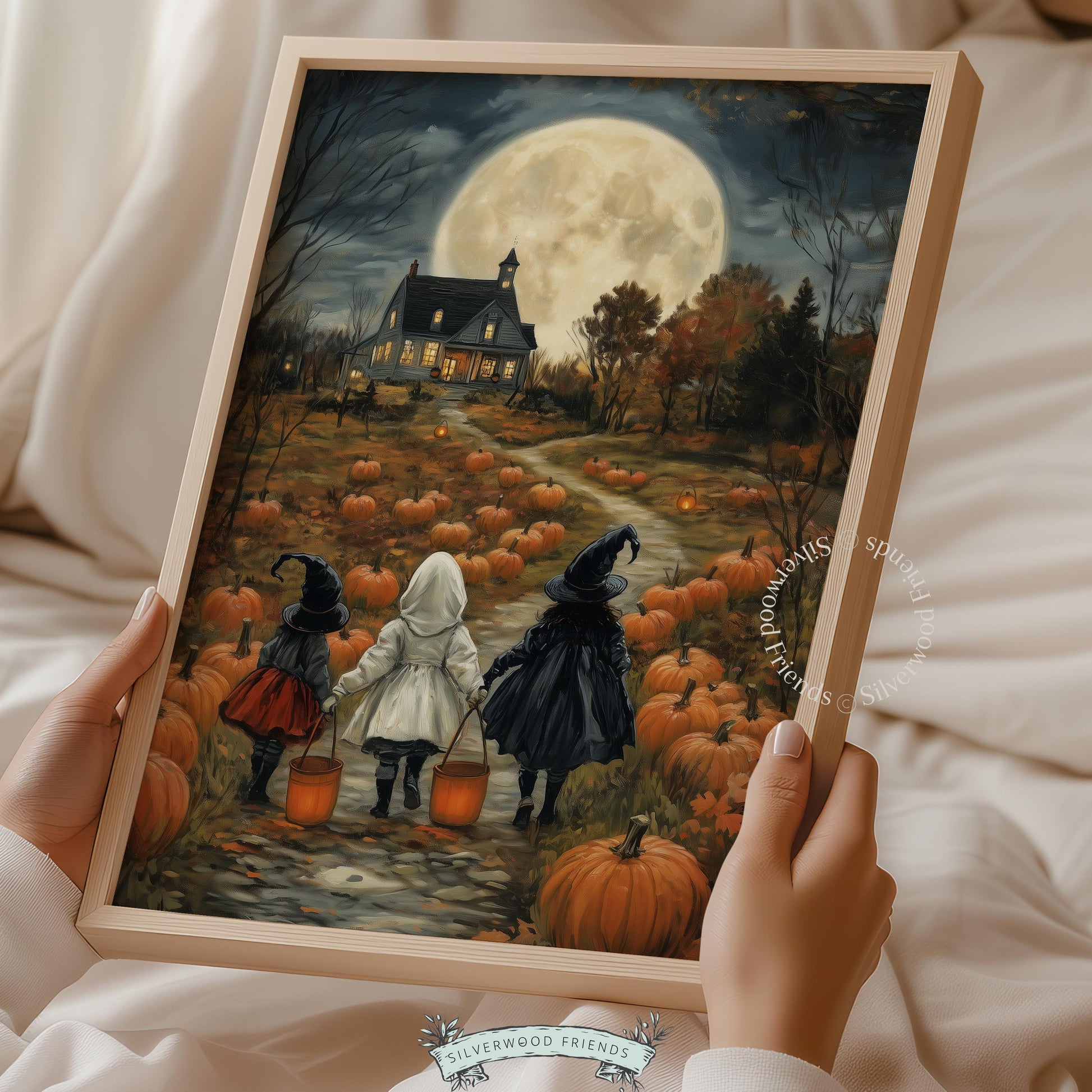 Costumed children through pumpkin patch illustration printable for gallery wall — aged autumn memory mood
