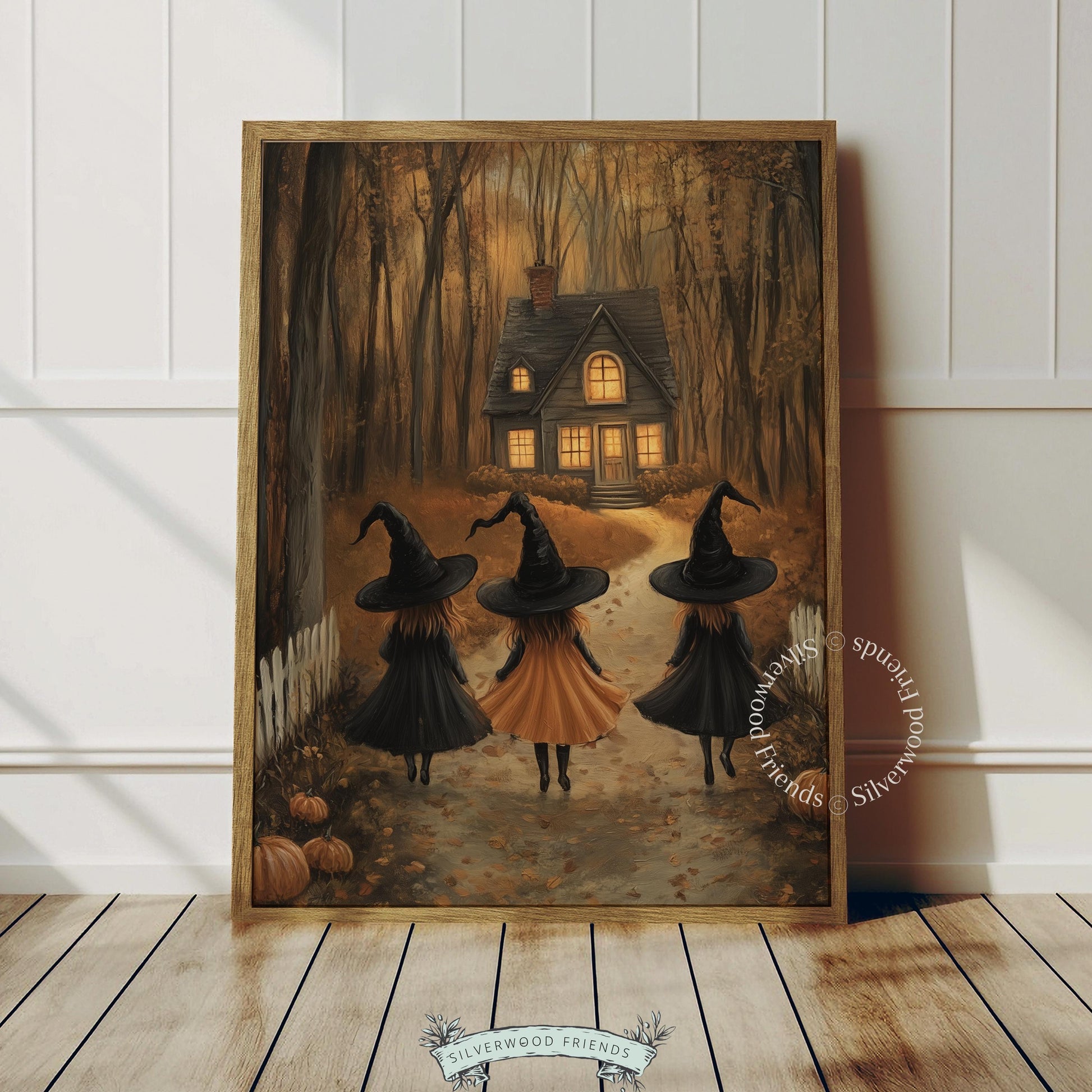Autumn witches wall art instant download for living room — glowing house in dark woods, pumpkins lining pathway