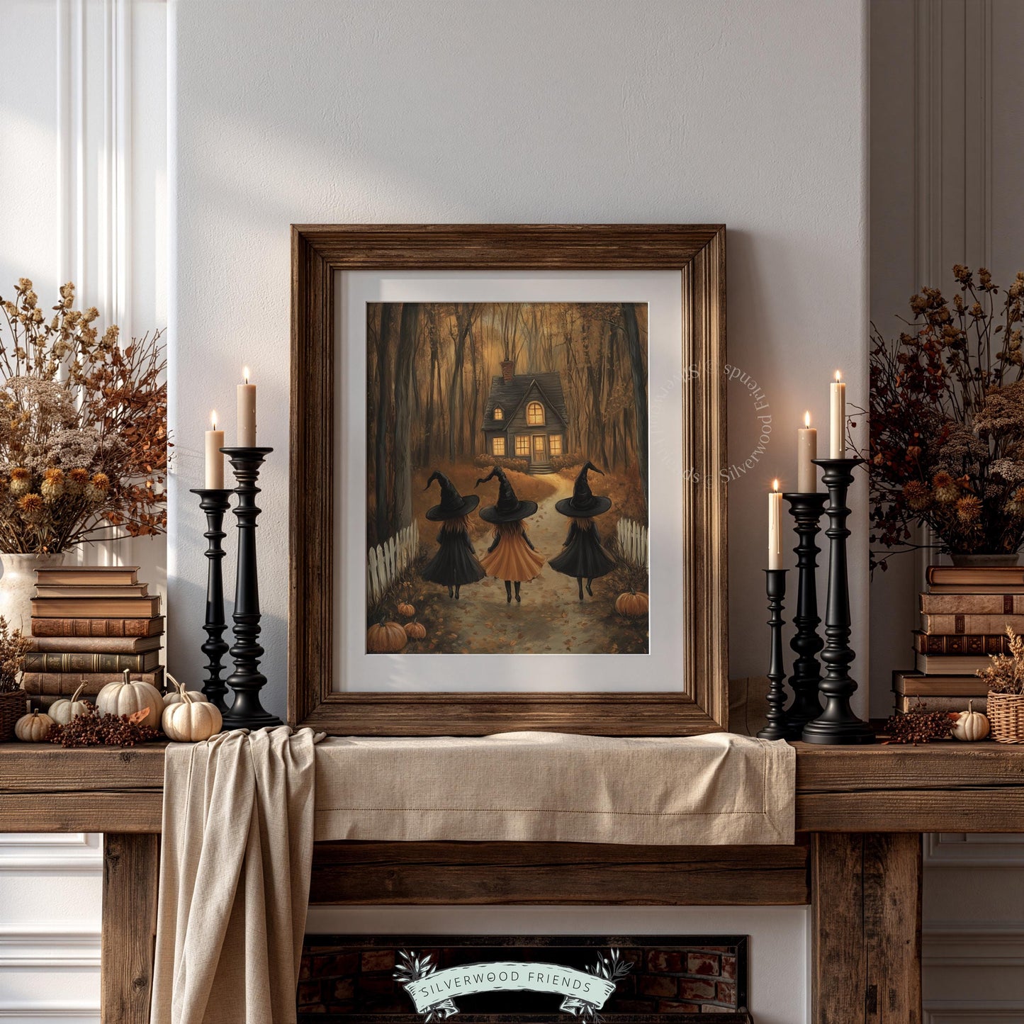 Autumn forest wall art for study — mysterious witches in hats approaching warmly lit woodland cabin