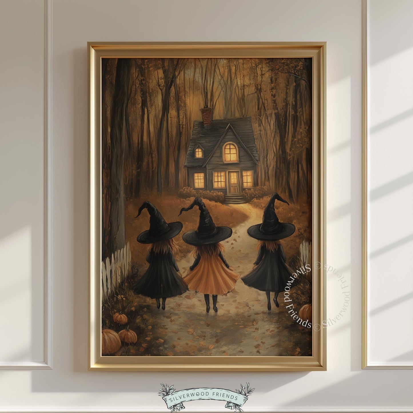 Spooky woodland picture instant download for nursery — witches in black hats with center figure in orange dress