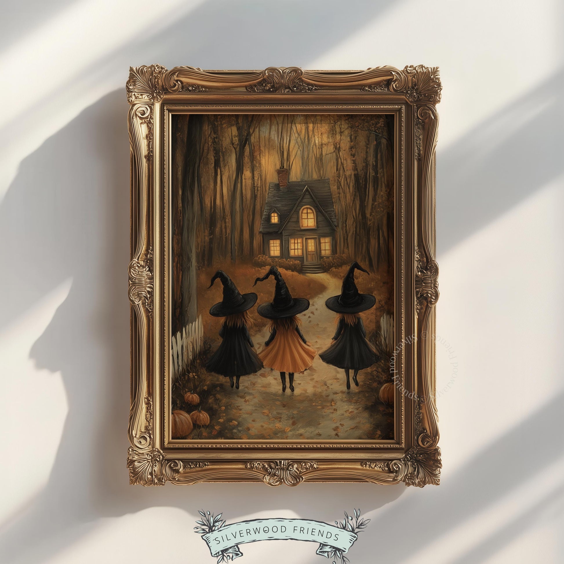 Halloween witches artwork print for gallery wall — rich amber tones, textured brushwork, cozy cottage aesthetic