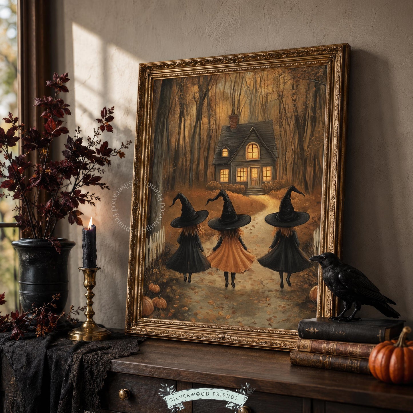 Halloween woodland poster digital download for entryway — aged painting look, rich browns and golds, cottage core aesthetic