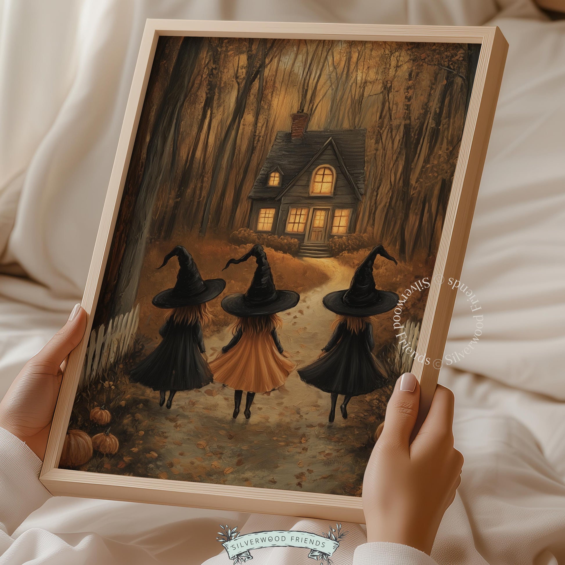 Dark academia forest poster instant download for bedroom — atmospheric autumn scene with glowing home and mystical figures