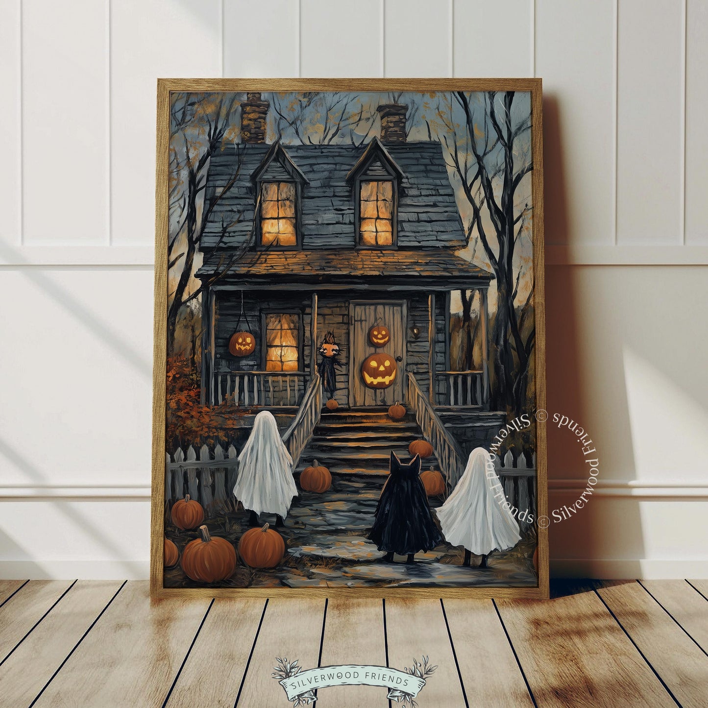 Moody wall art for October entertaining — spooky manor with trick-or-treaters in ghost and feline costumes, textured vintage style