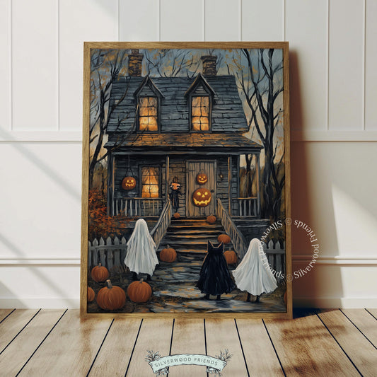 Moody wall art for October entertaining — spooky manor with trick-or-treaters in ghost and feline costumes, textured vintage style