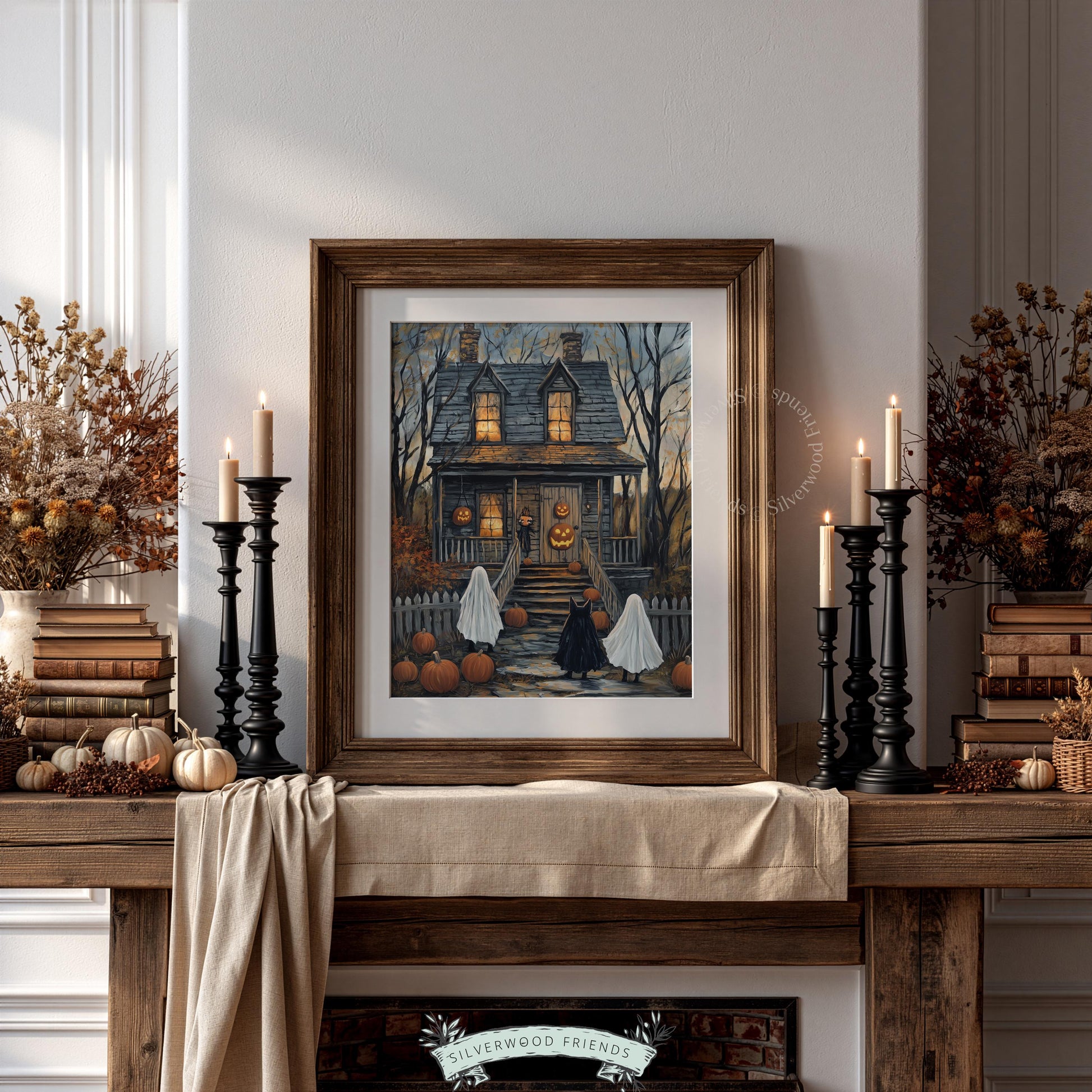 Rustic autumn cottage painting print — haunted house with costumed children, vintage weathered aesthetic and jack-o'-lanterns glowing