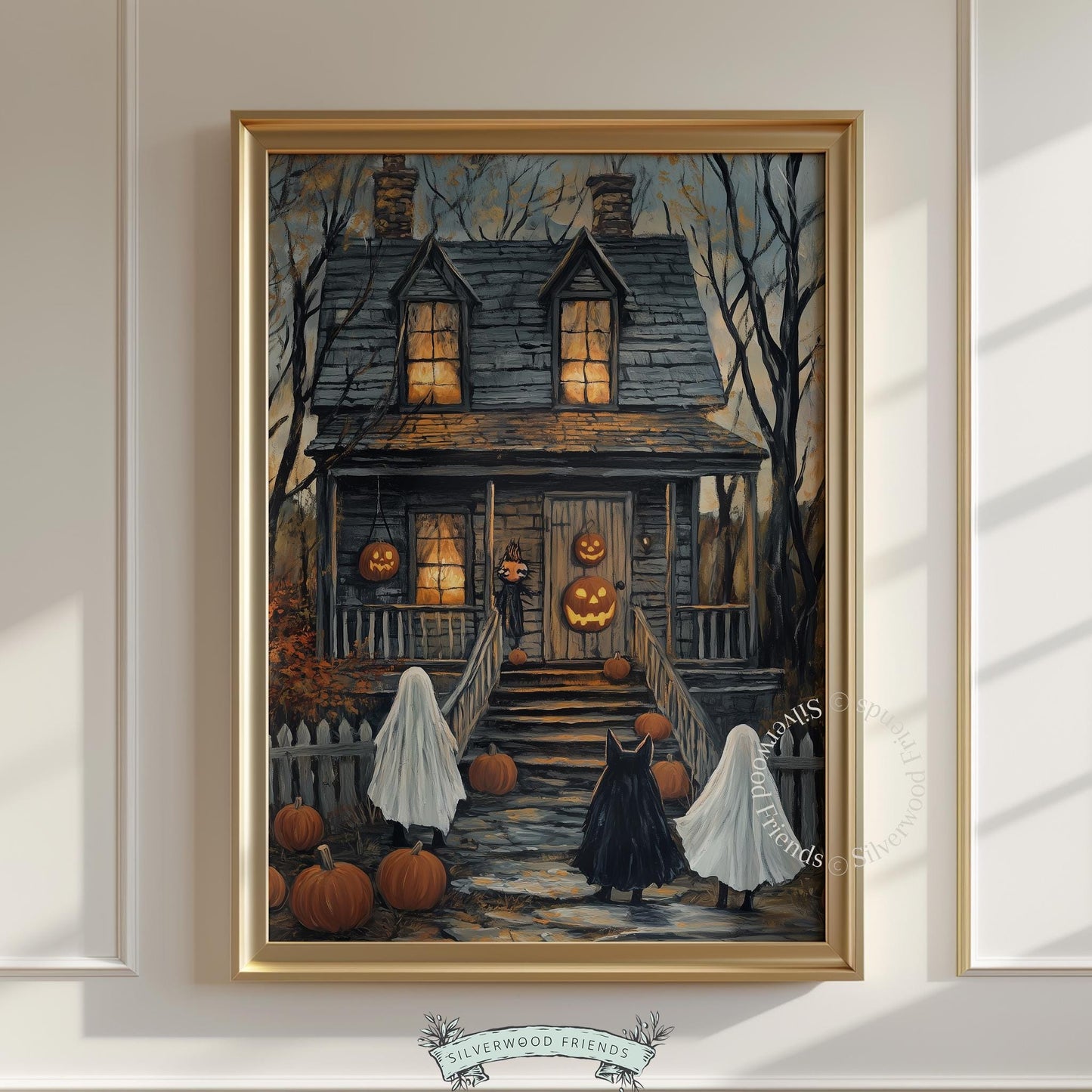 Eerie Halloween cottage artwork picture — textured painting of dark manor with trick-or-treaters and glowing pumpkins, cozy autumn mood