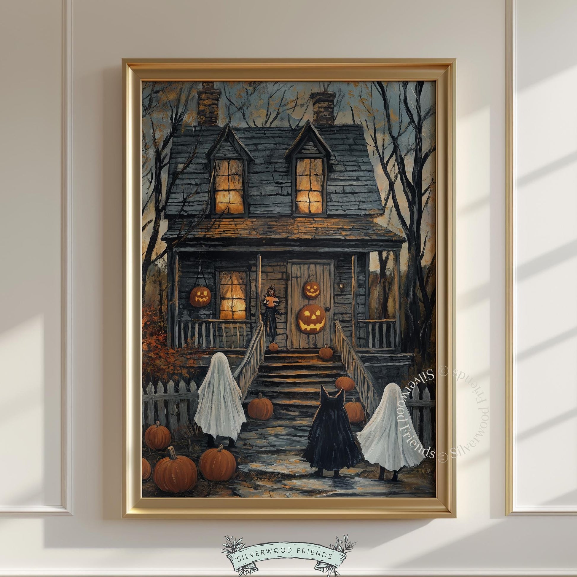 Eerie Halloween cottage artwork picture — textured painting of dark manor with trick-or-treaters and glowing pumpkins, cozy autumn mood