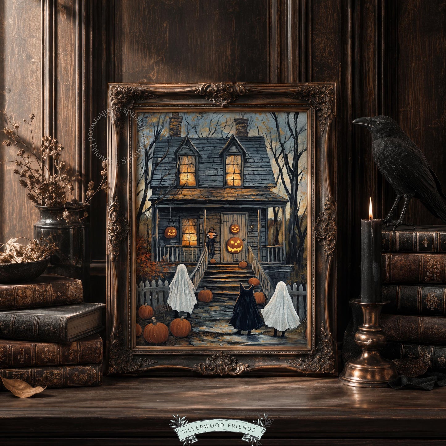 Friendly ghost illustration poster for seasonal display — spooky cottage with black cat costume and pumpkin-lined approach
