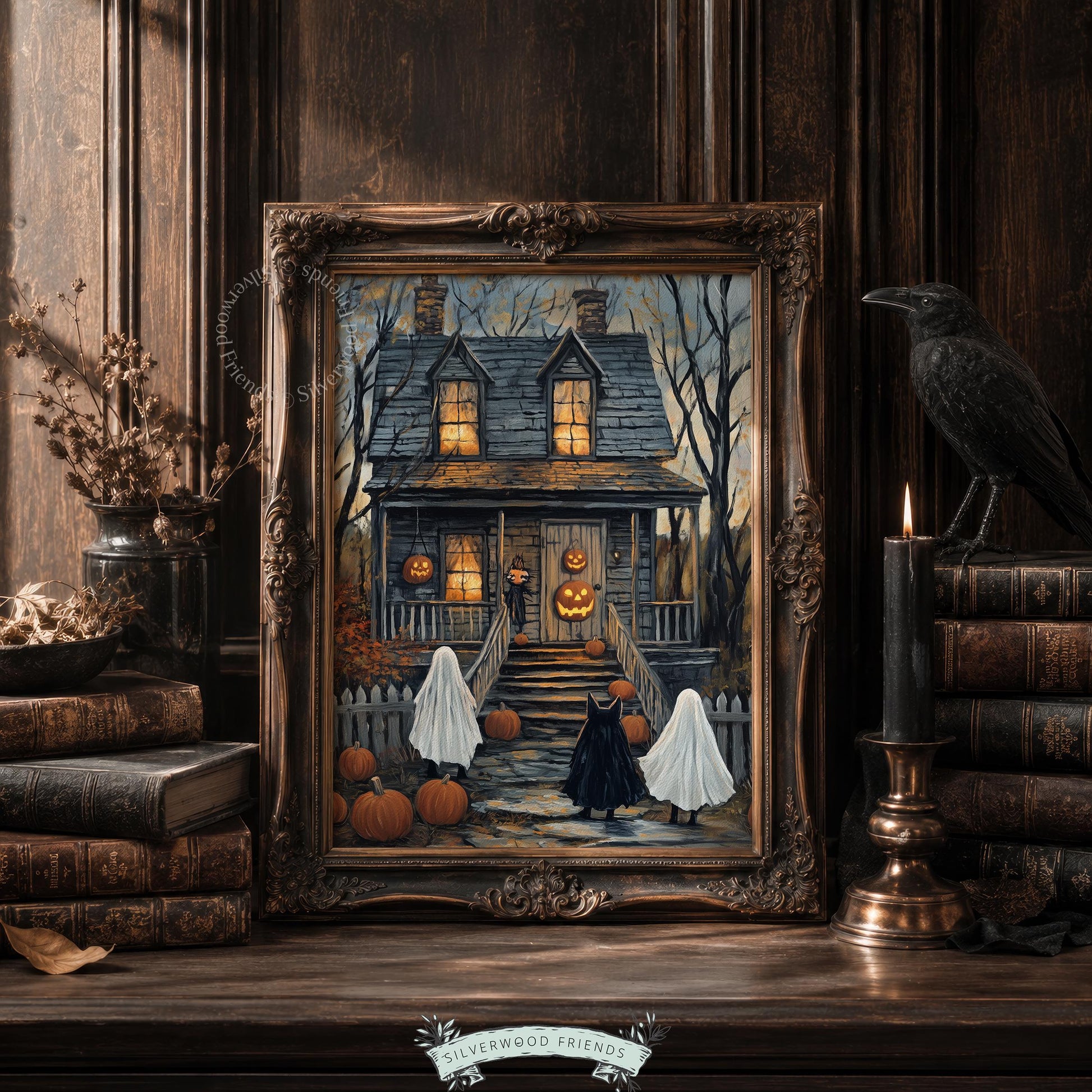 Friendly ghost illustration poster for seasonal display — spooky cottage with black cat costume and pumpkin-lined approach