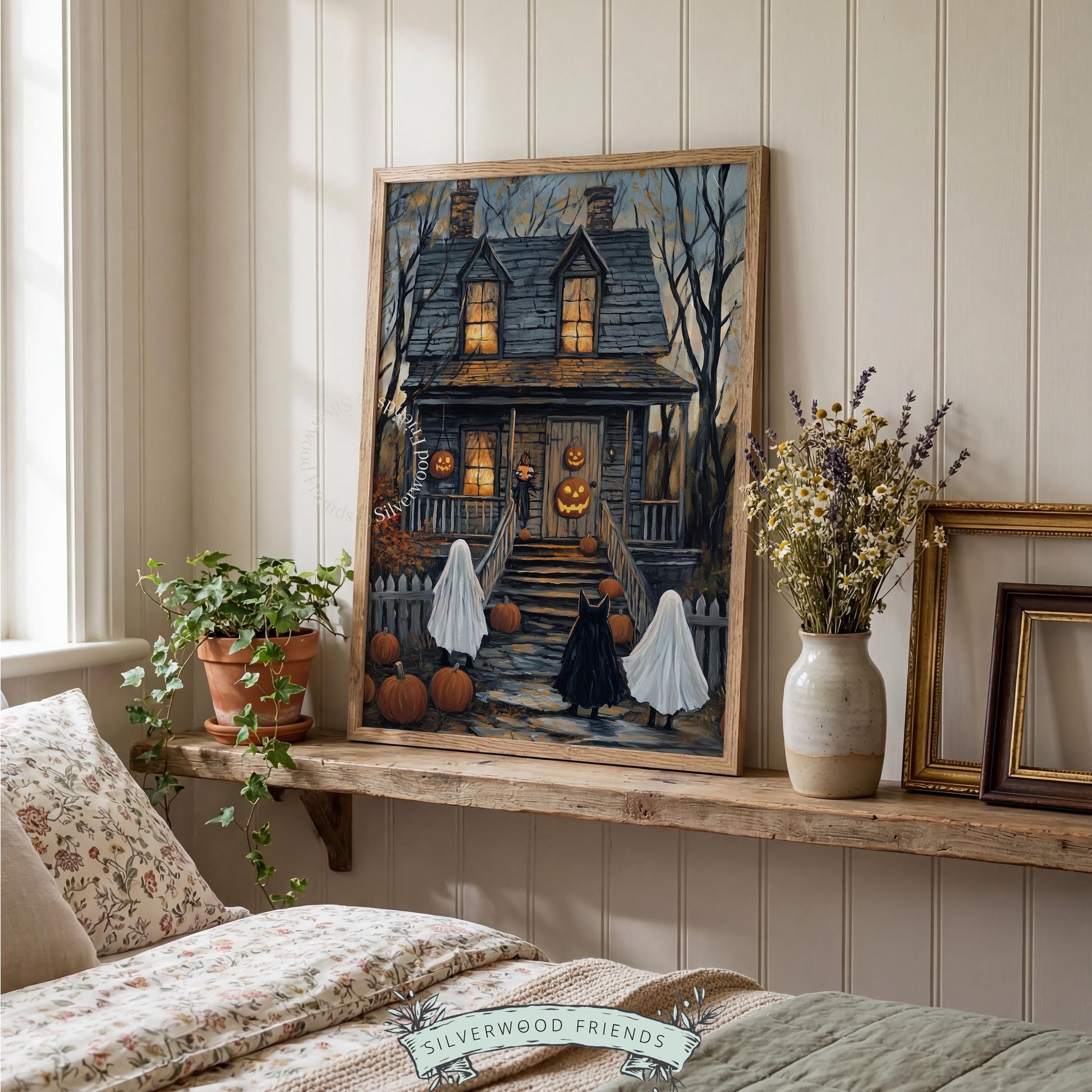 Gothic fall wall art printable — haunted Victorian dwelling with ghosts and black cat, warm amber glow on blue-gray dusky backdrop
