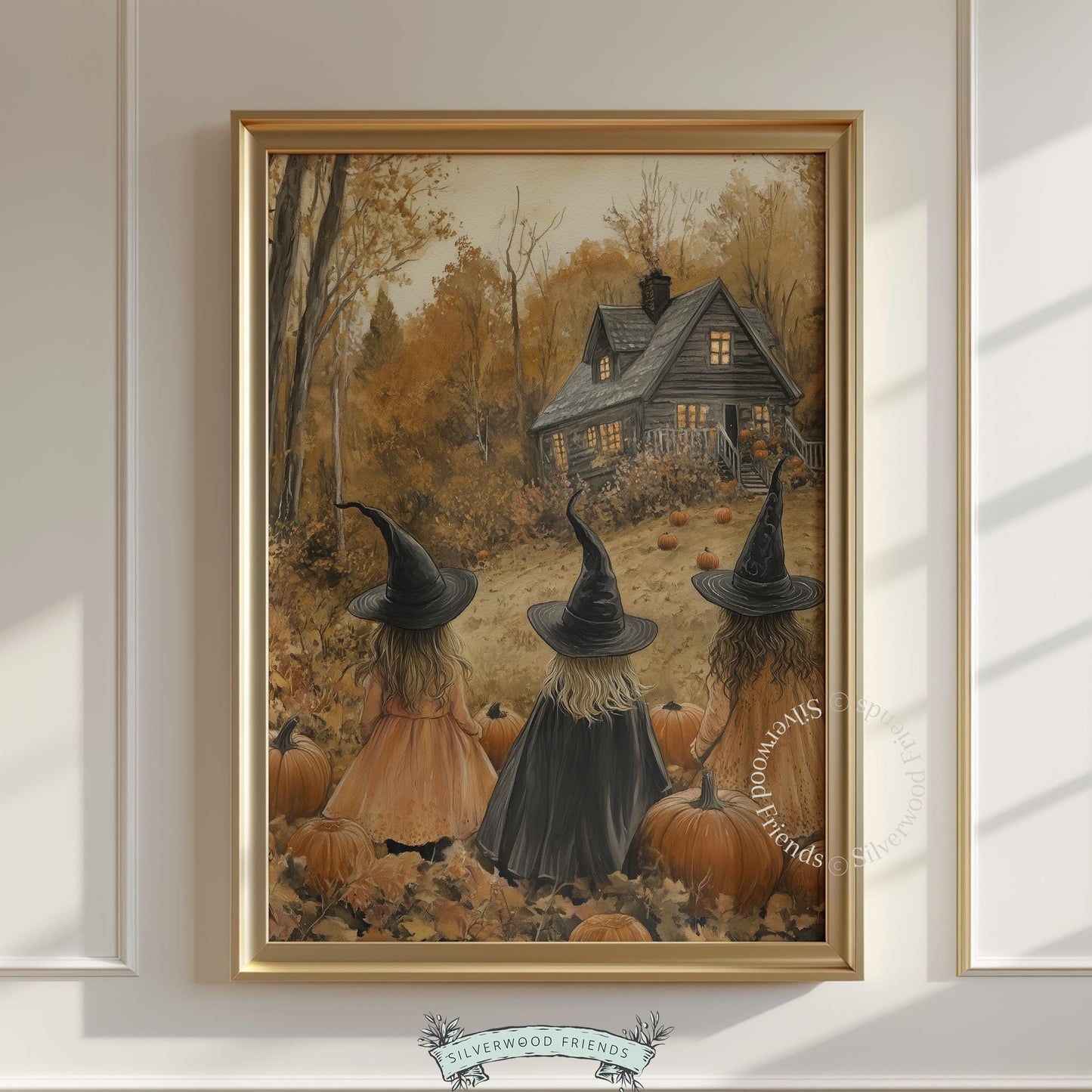 Dark academia picture for study — three magical figures approaching cottage with scattered leaves and pumpkins in soft muted tones