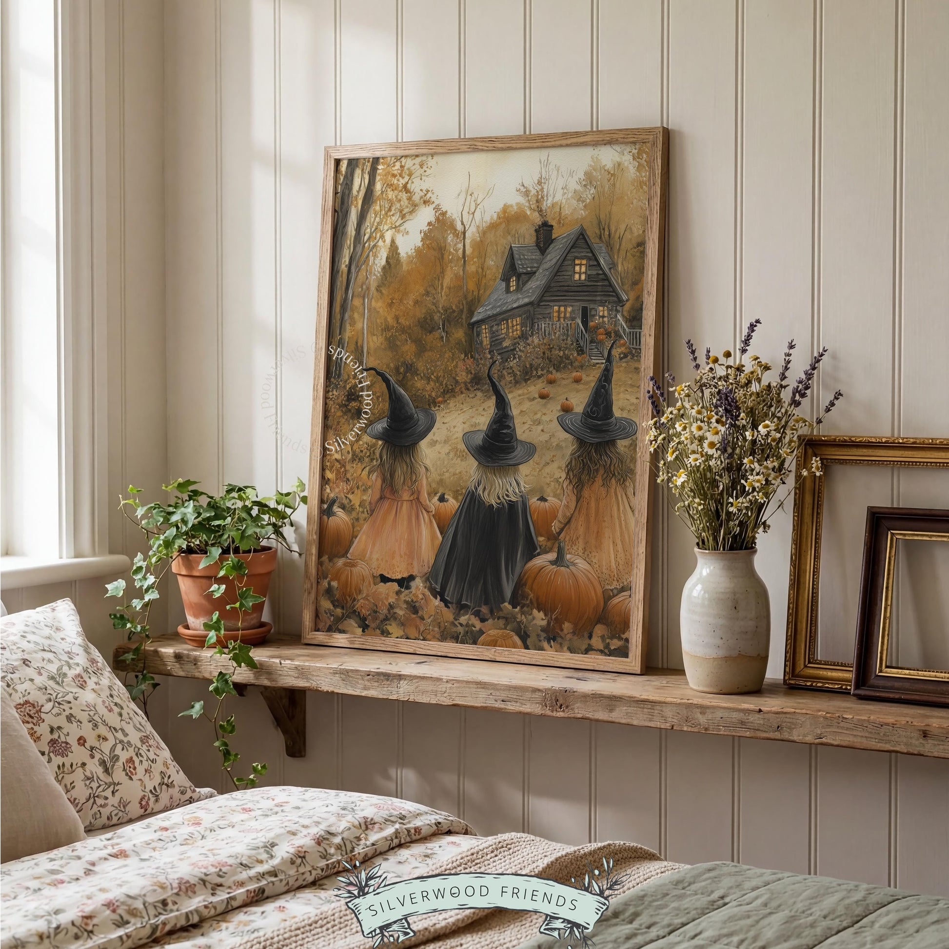 Witch coven digital print for entryway — spooky seasonal wall art featuring pointed hats, crows, and rustic cottage aesthetic