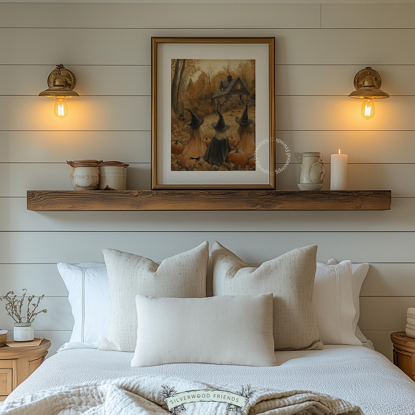 Witchy home decor wall art for bedroom — vintage forest scene with pointed-hat wearers, dark magic mood, and warm earthy color palette