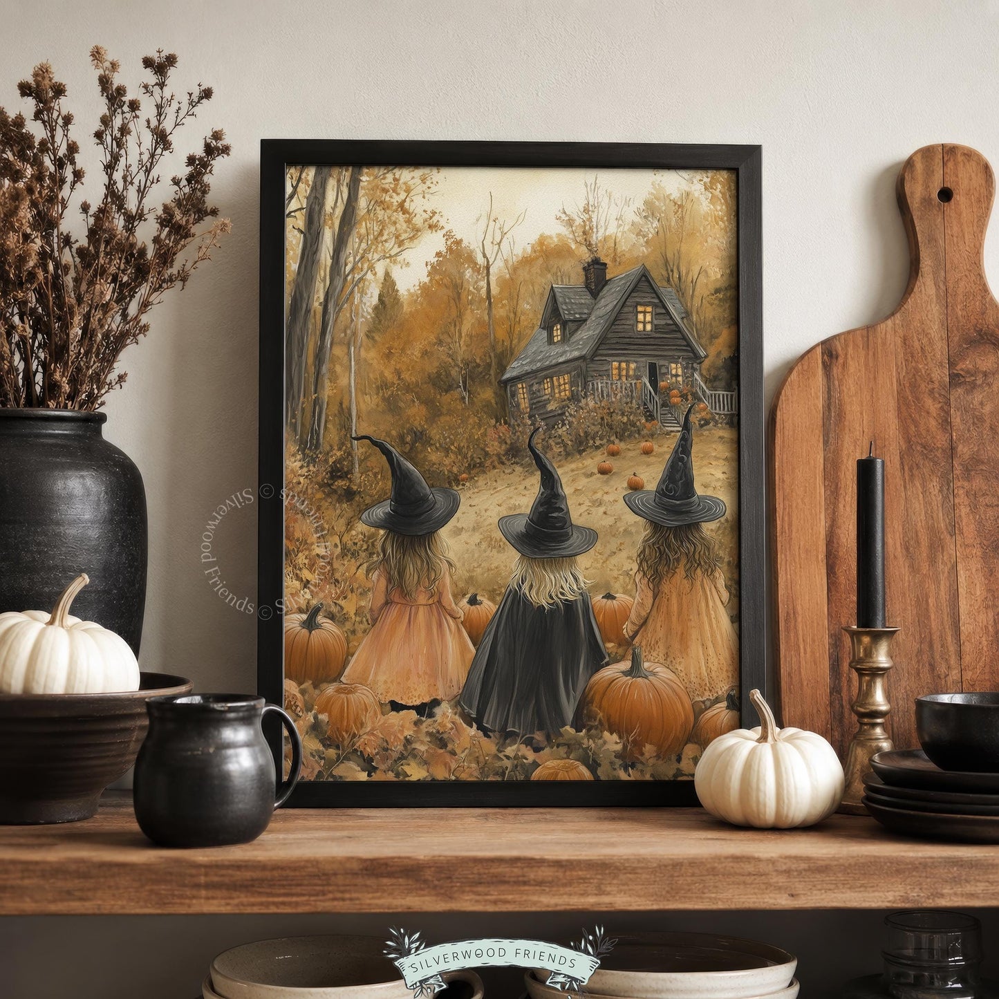 Halloween witches wall art for den — painterly autumn scene with warm brown palette and vintage antique quality