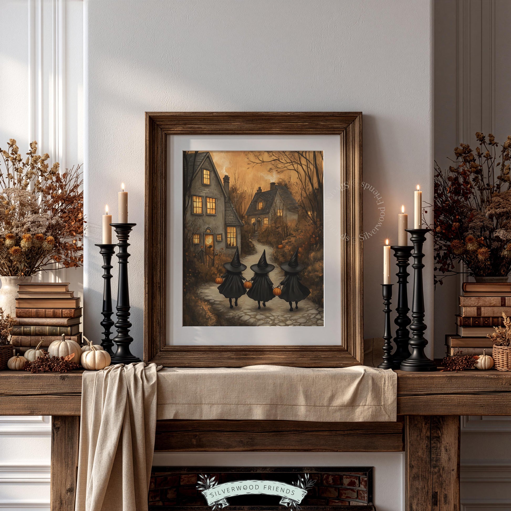 Vintage Halloween gathering digital download for gallery wall — pointed hats and pumpkins in cozy stone village