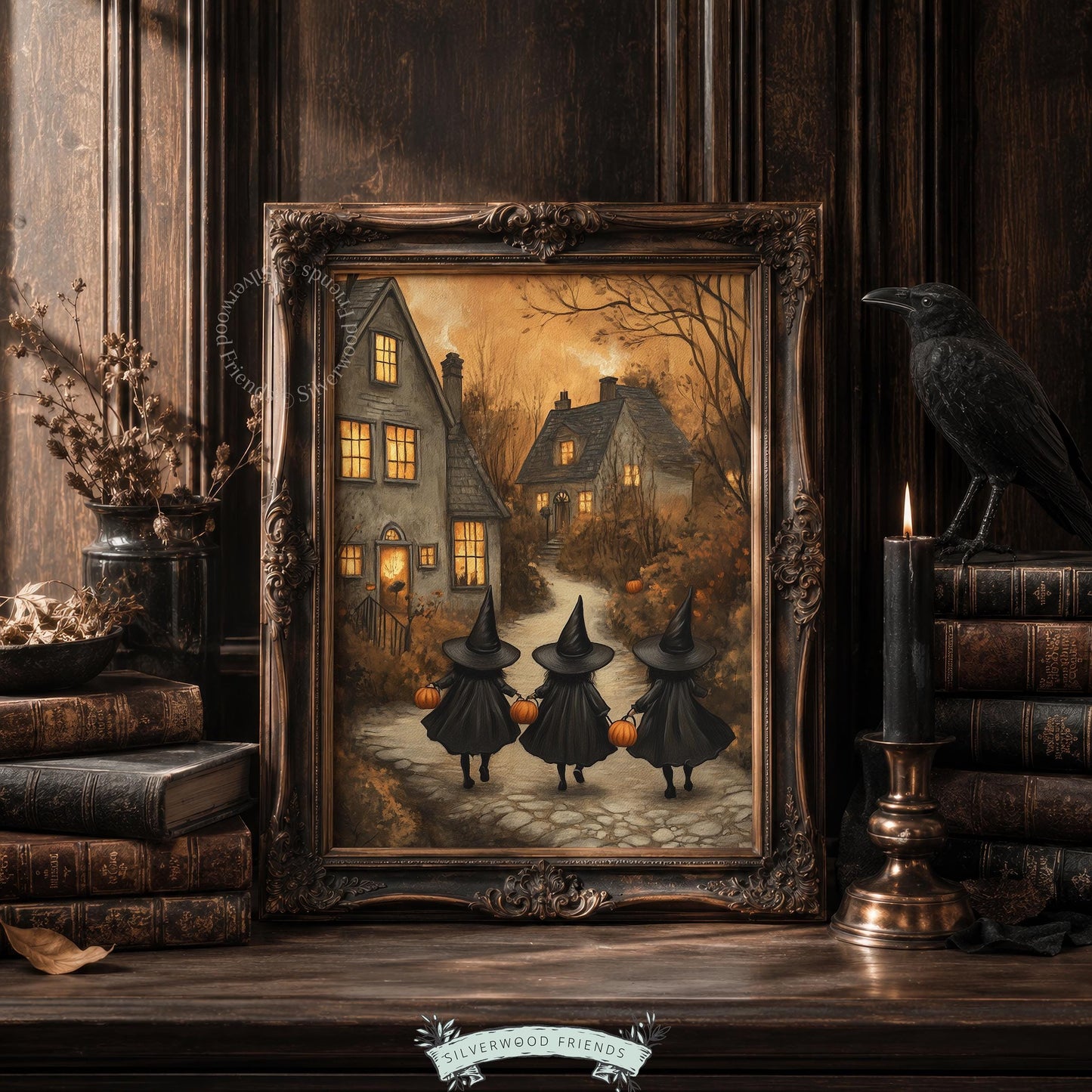 Witchy children's silhouettes digital print for kids' room — cozy Halloween night path through glowing cottages