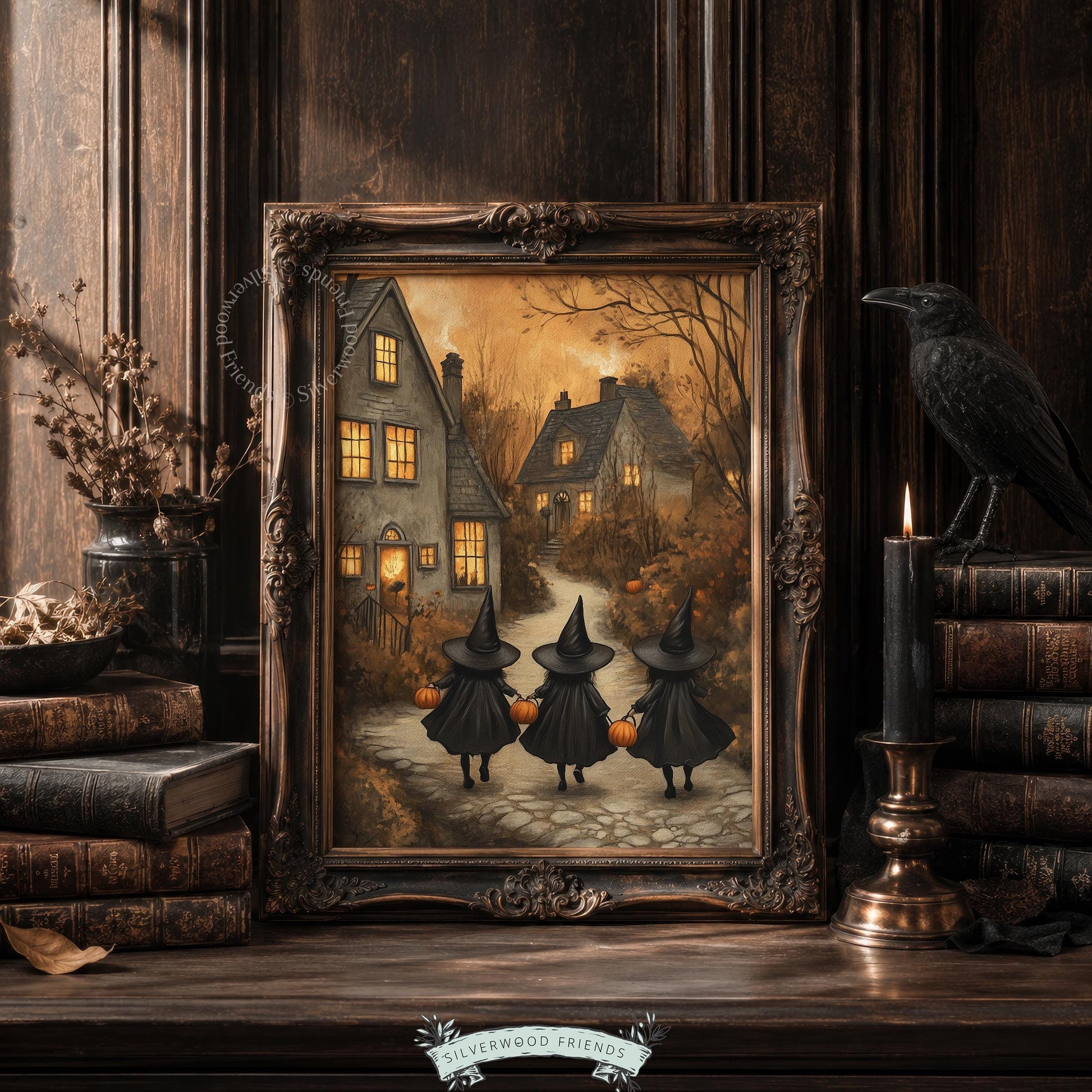 Witchy children's silhouettes digital print for kids' room — cozy Halloween night path through glowing cottages