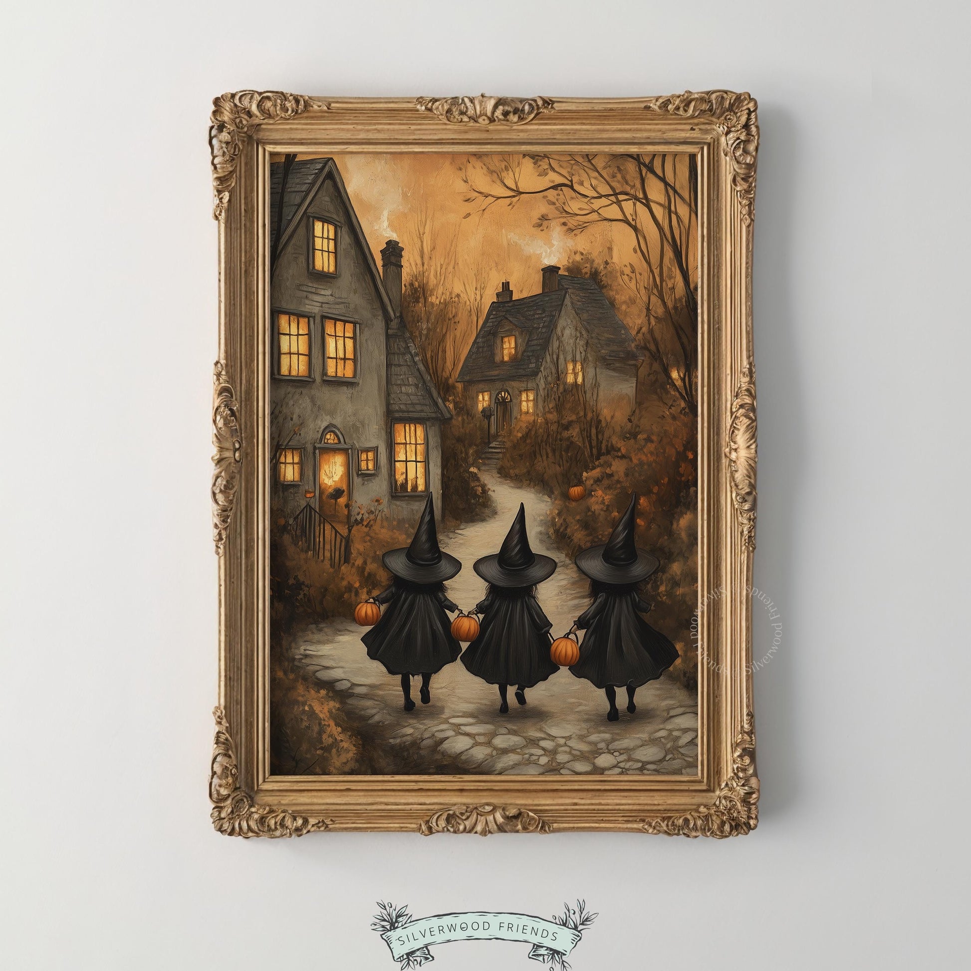 Witchy village scene poster for fall hosting decor — three cloaked figures on weathered path under dusky sky