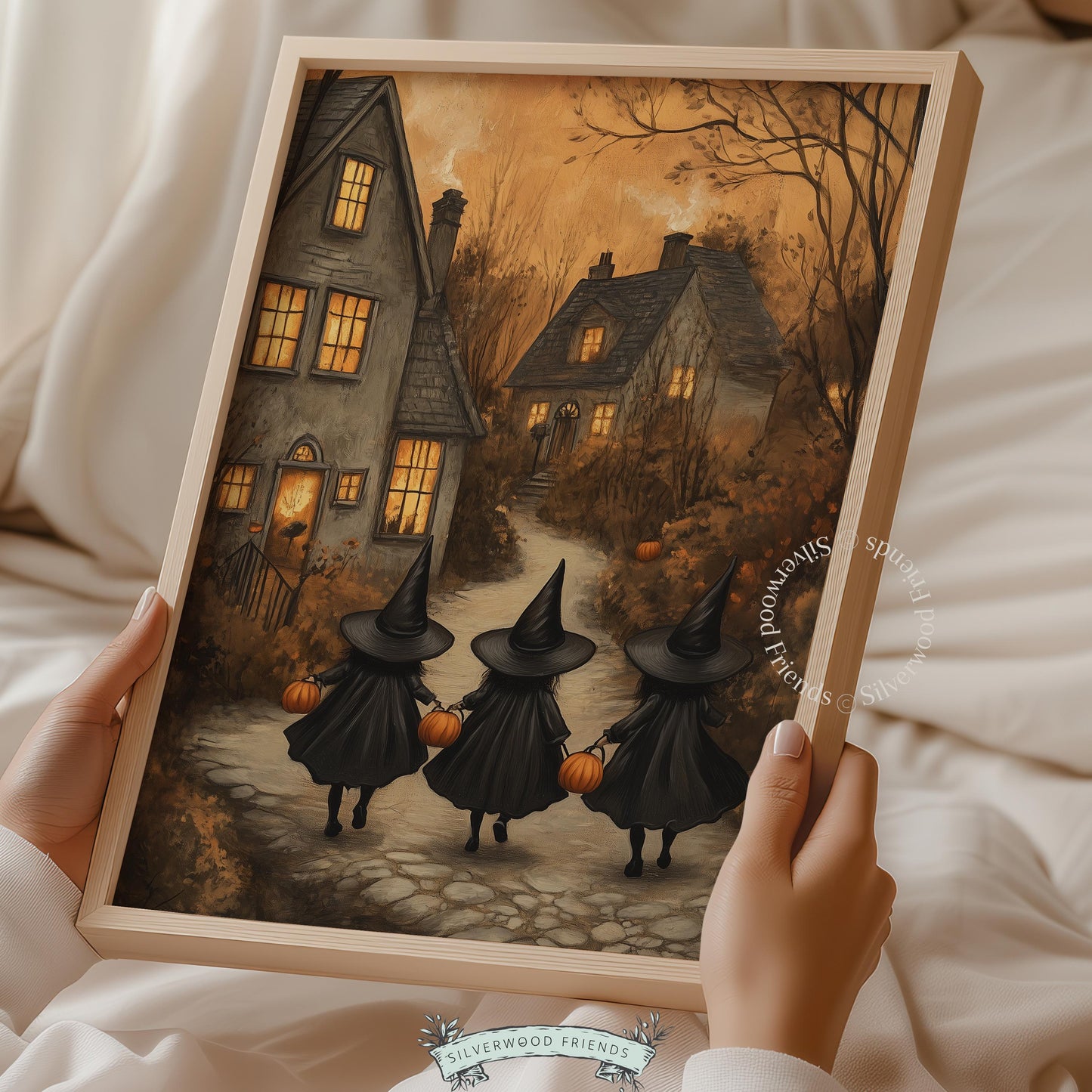 Classic witch parade painting for seasonal decor — mysterious cobblestone journey with warm burnt orange palette