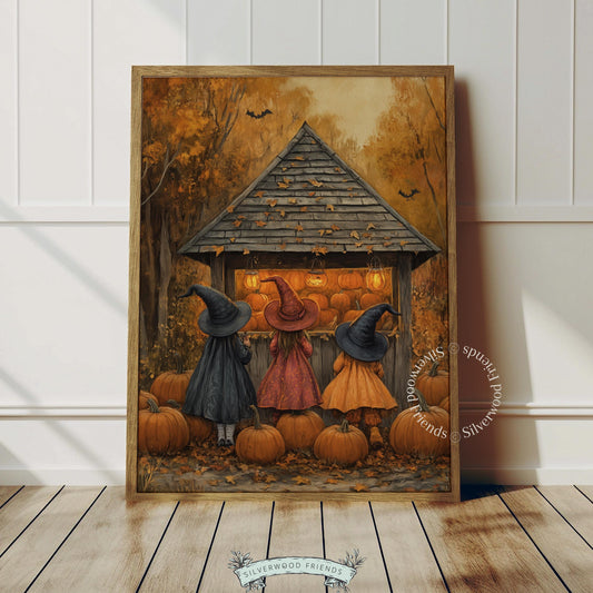 Pointed hat witches pumpkin patch digital print for fall decor — soft textured vintage Halloween artwork