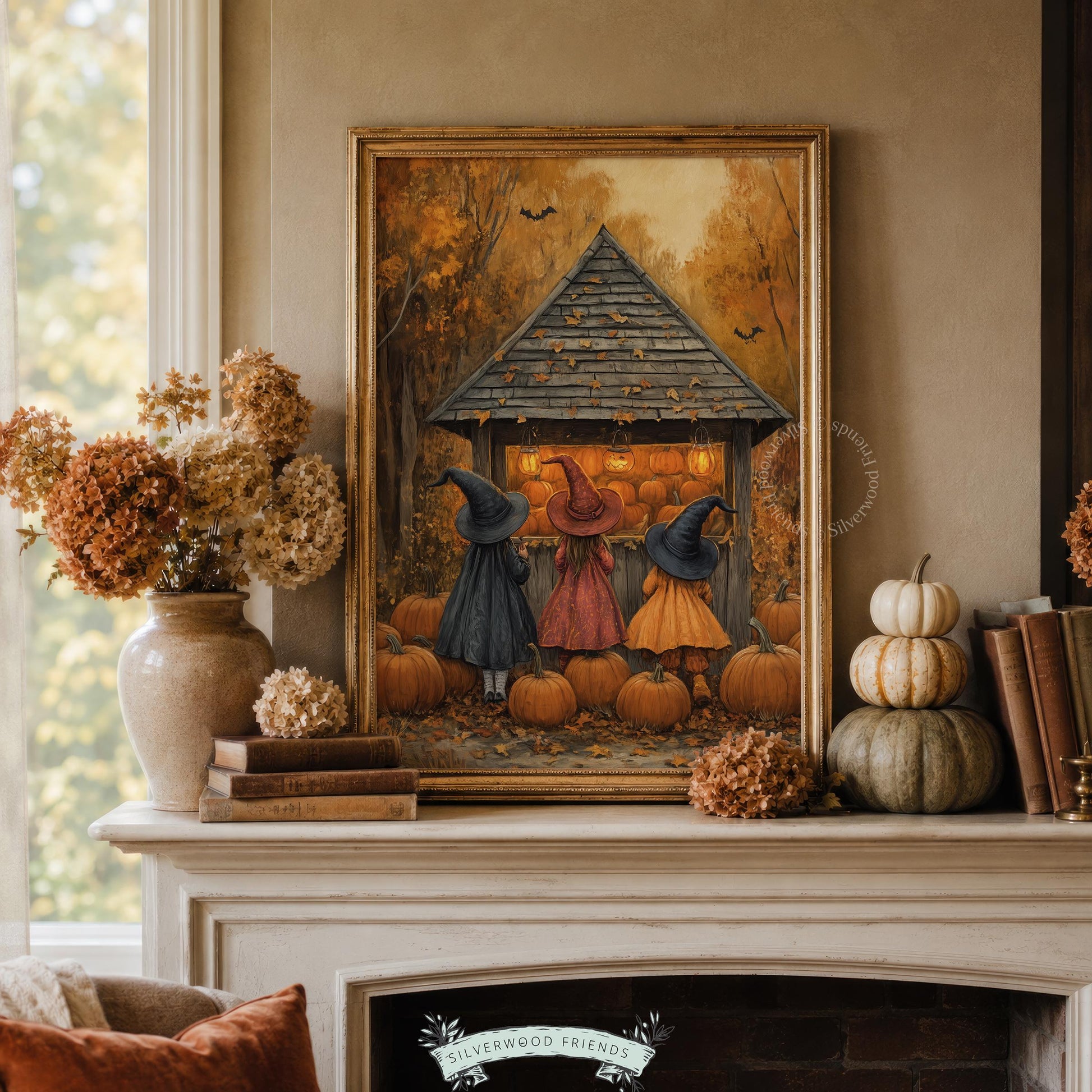 Witches harvest instant download wall art — vintage autumn painting with warm glowing jack-o-lanterns