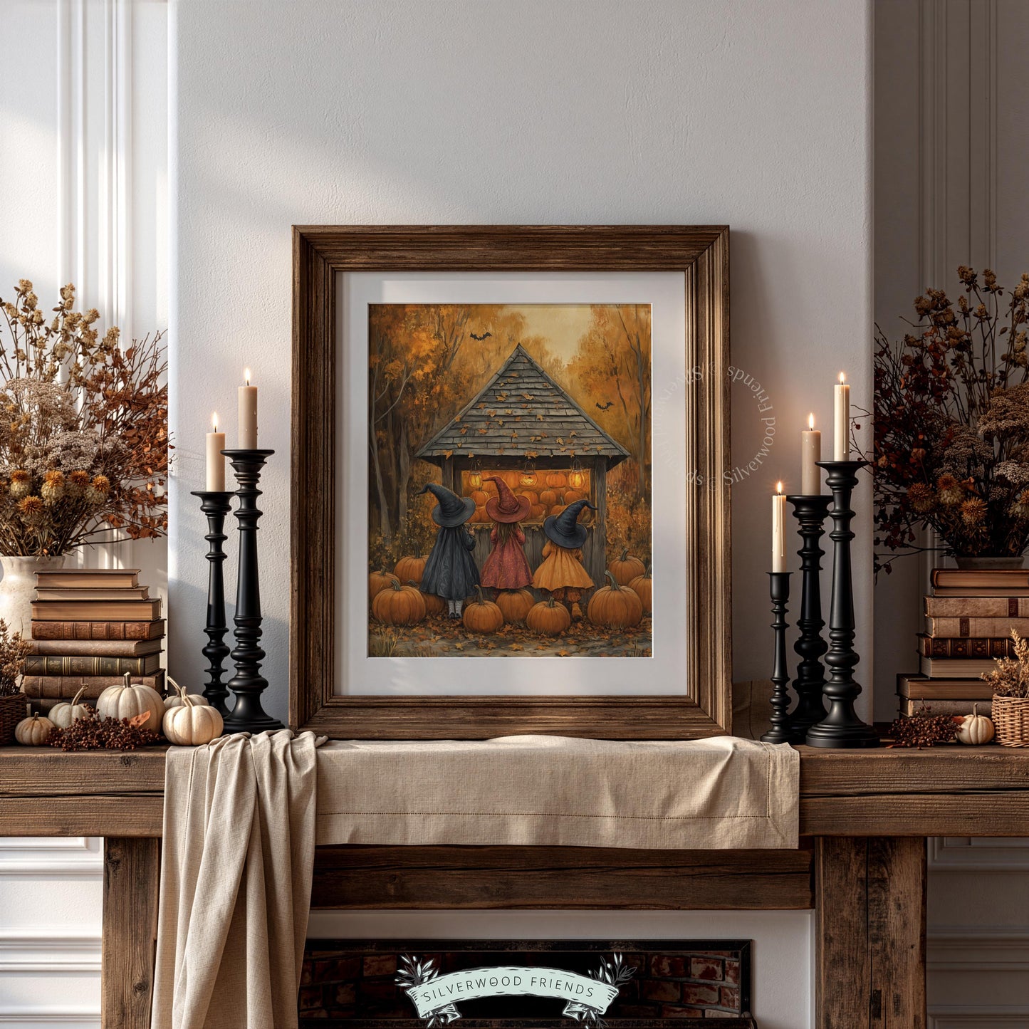 Three witches pumpkin illustration wall print for seasonal home — vintage spooky artwork with cute charm and texture
