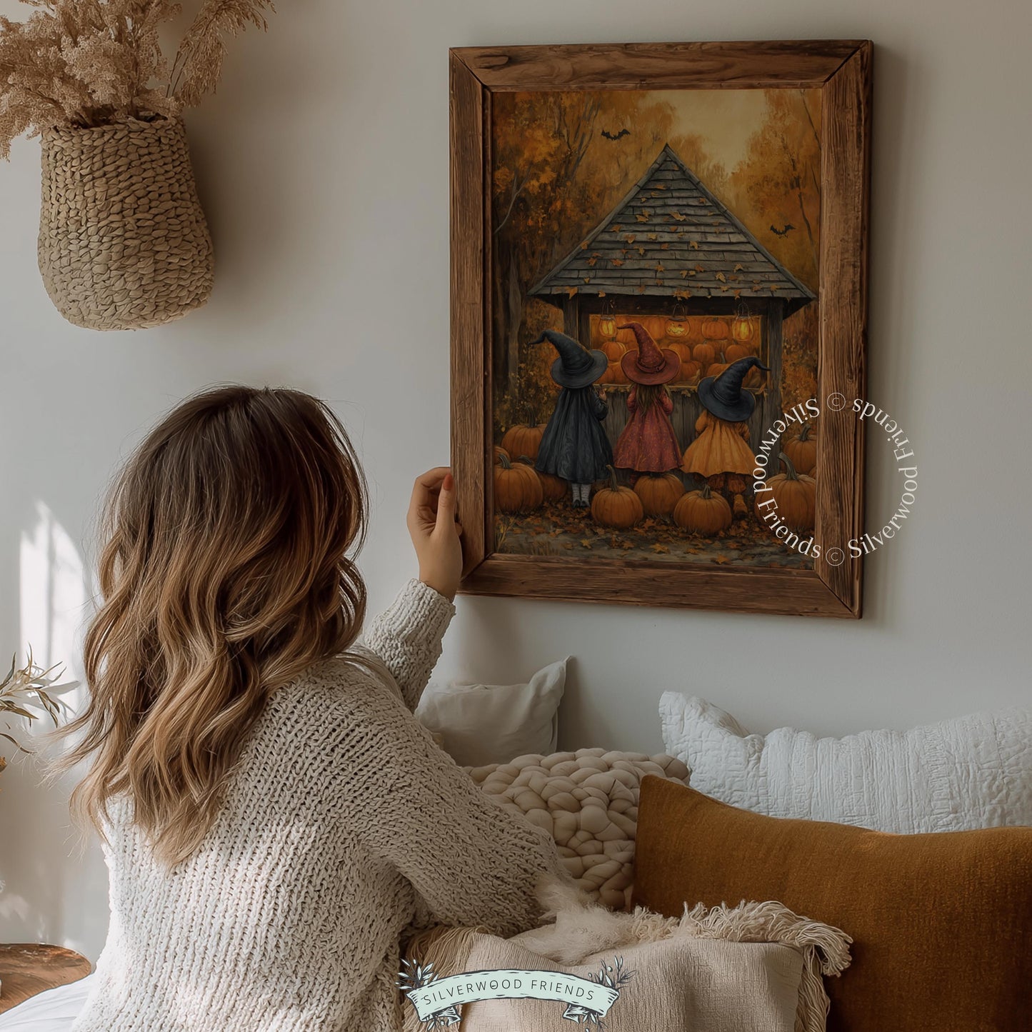 Pointed hat trio pumpkin patch digital art for fall entertaining — rustic wooden stand with dusky Halloween sky