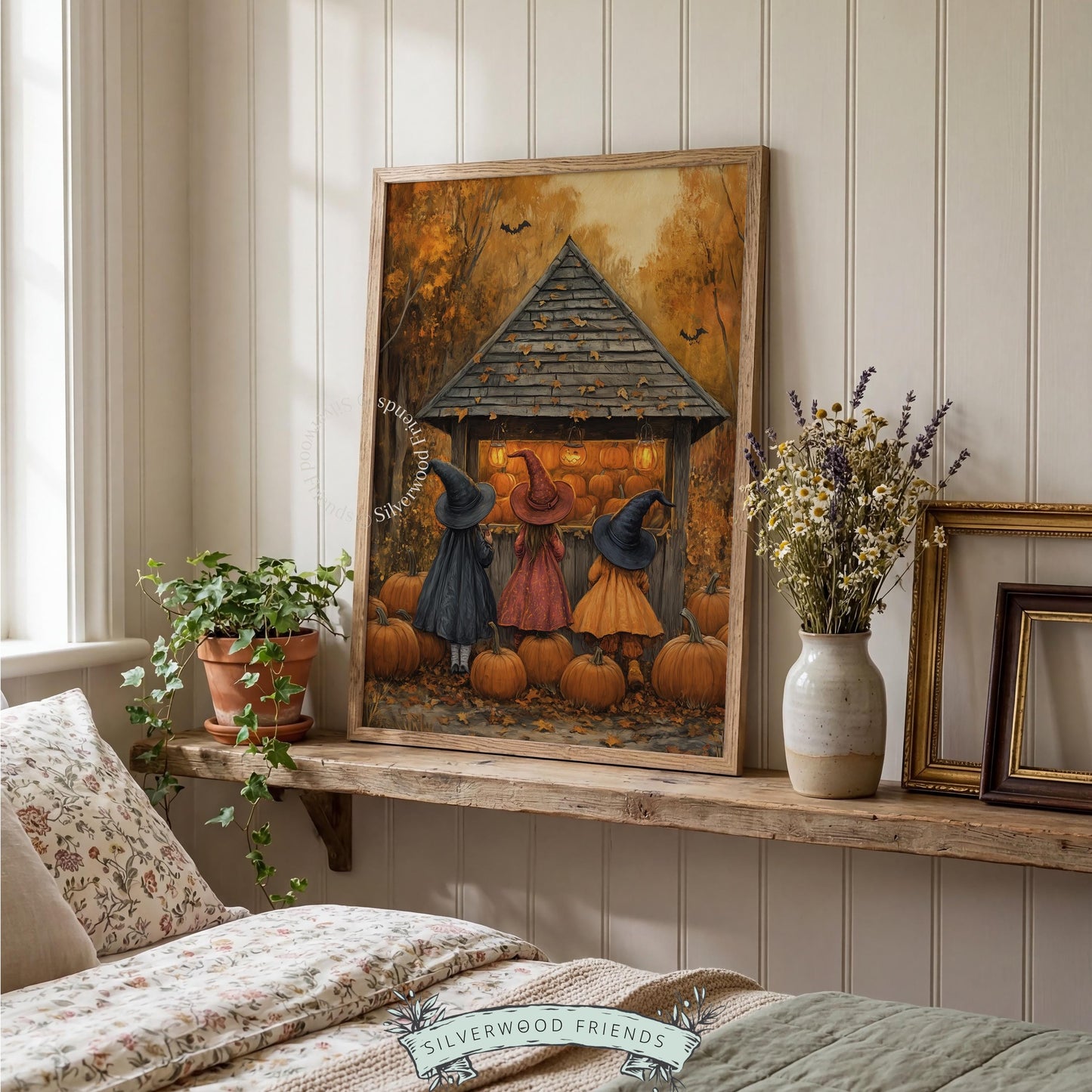 Vintage pumpkin patch scene printable poster for kitchen — cute witches artwork with amber and burnt sienna