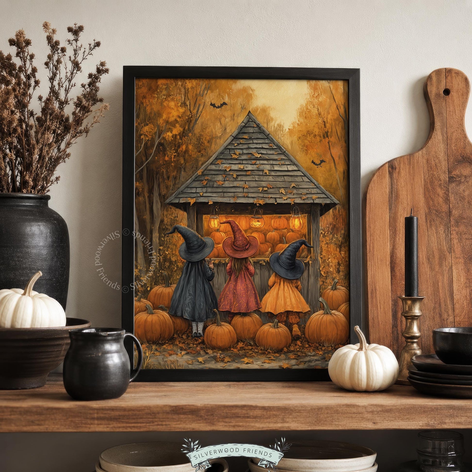 Retro Halloween witches artwork digital download for fall season — rustic stand filled with glowing carved pumpkins