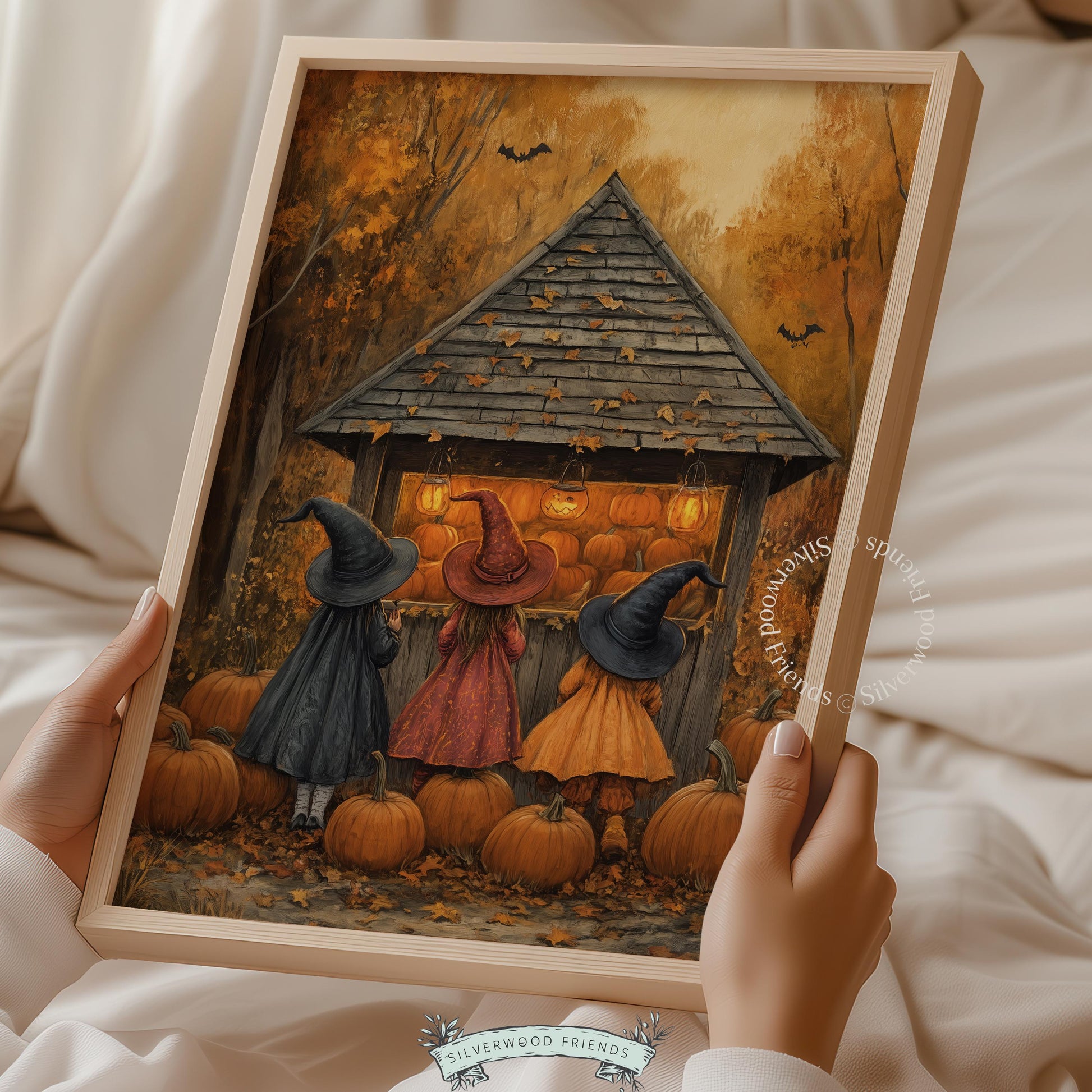Spooky pumpkin harvest painting for gallery wall art — three witches in colorful dresses with moody dusky sky