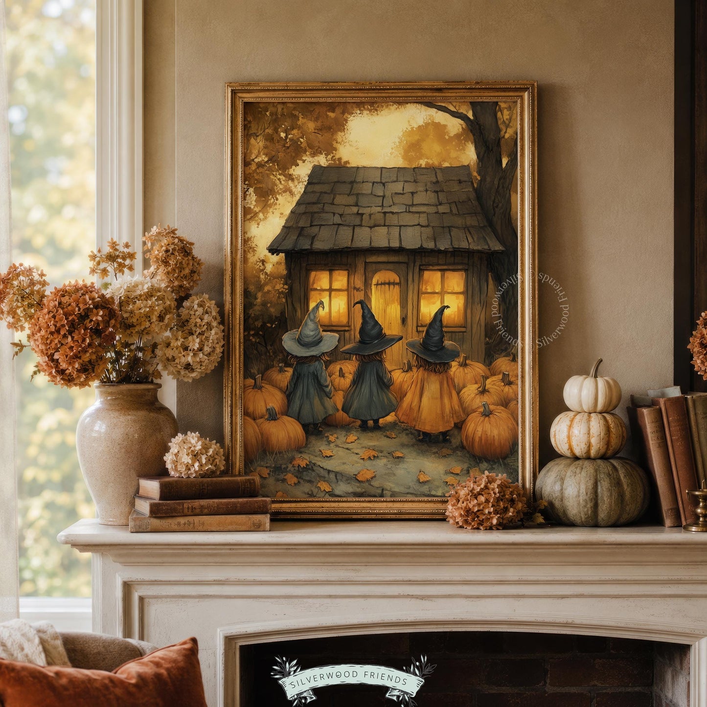Vintage-style witch illustration wall art for bedroom — golden-lit cottage surrounded by harvest pumpkins and trees