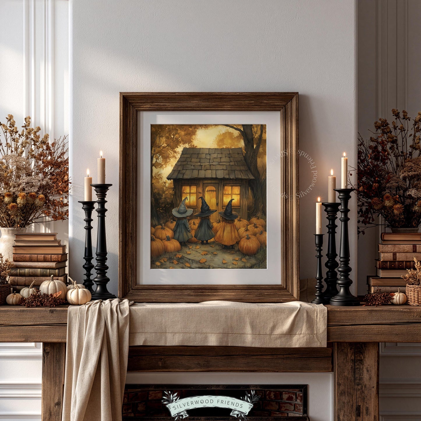 Storybook witch illustration digital print for living room — rustic cottage surrounded by fall foliage and soft brushwork