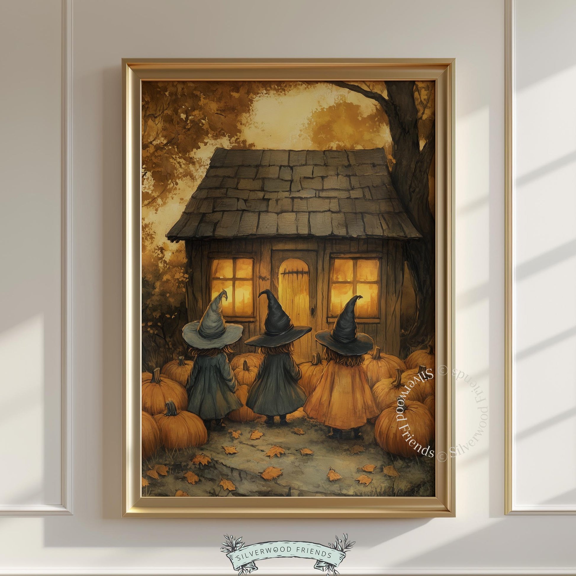 Cottagecore witch wall print for bedroom — vintage candlelit cottage with pumpkins in muted golden hues