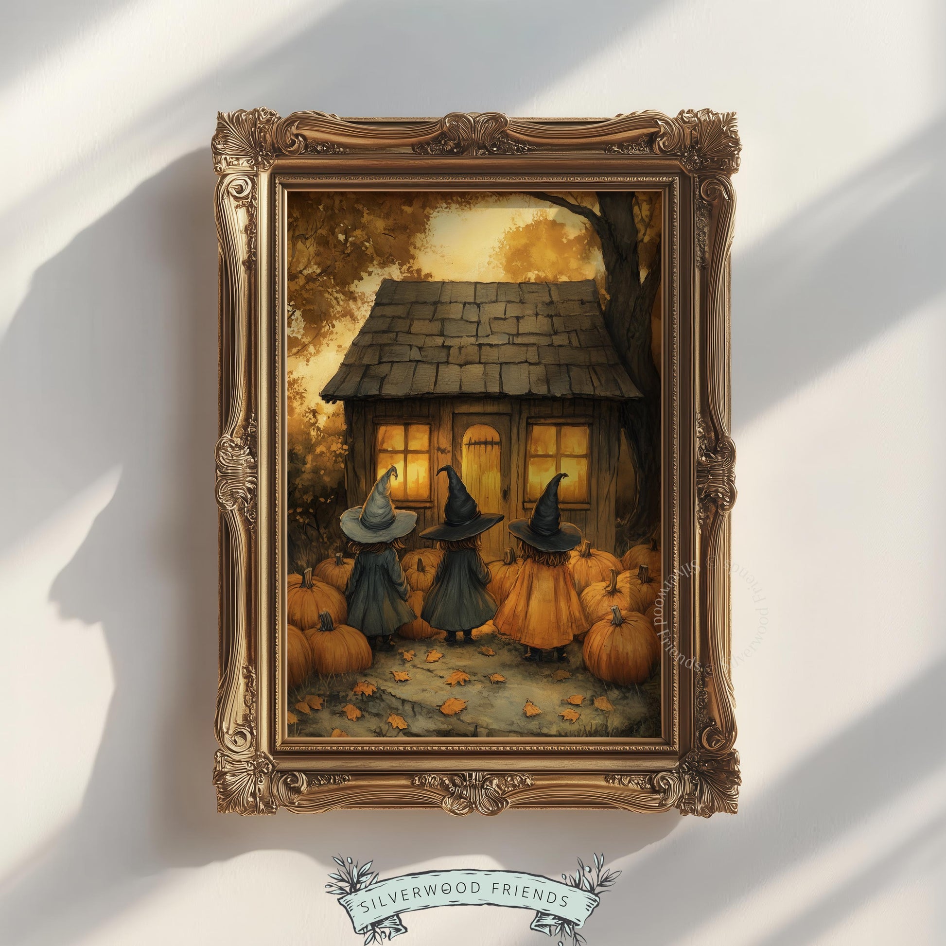 Gothic cottagecore poster featuring witches and autumn cottage — vintage watercolor style with textured golden glow
