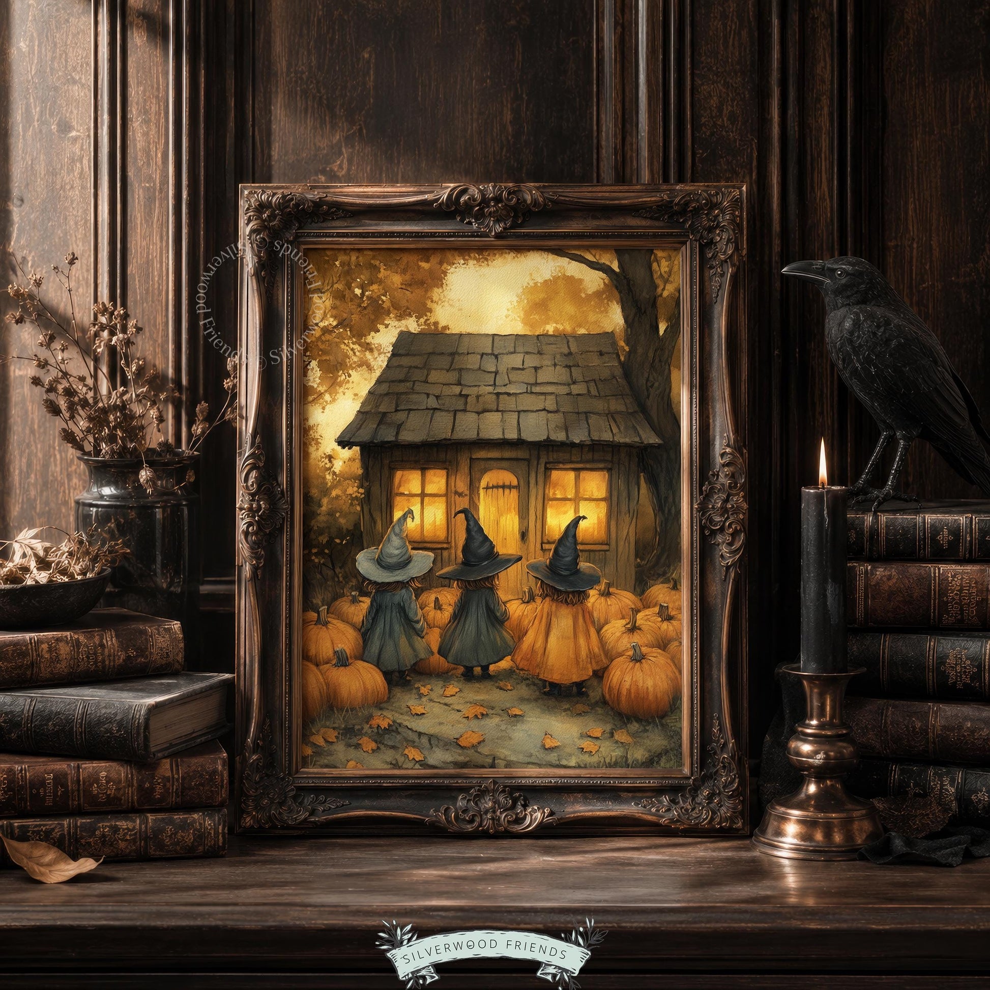 Cozy Halloween poster for living room — mystical figures approaching weathered house glowing with warm amber light