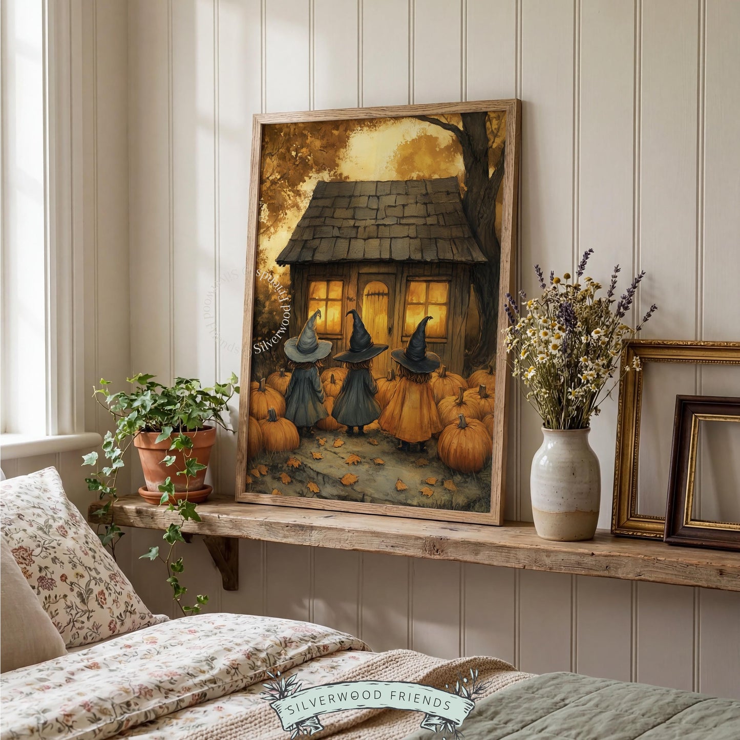 Moody seasonal picture for dining room — witches approaching illuminated dwelling surrounded by burnt sienna foliage