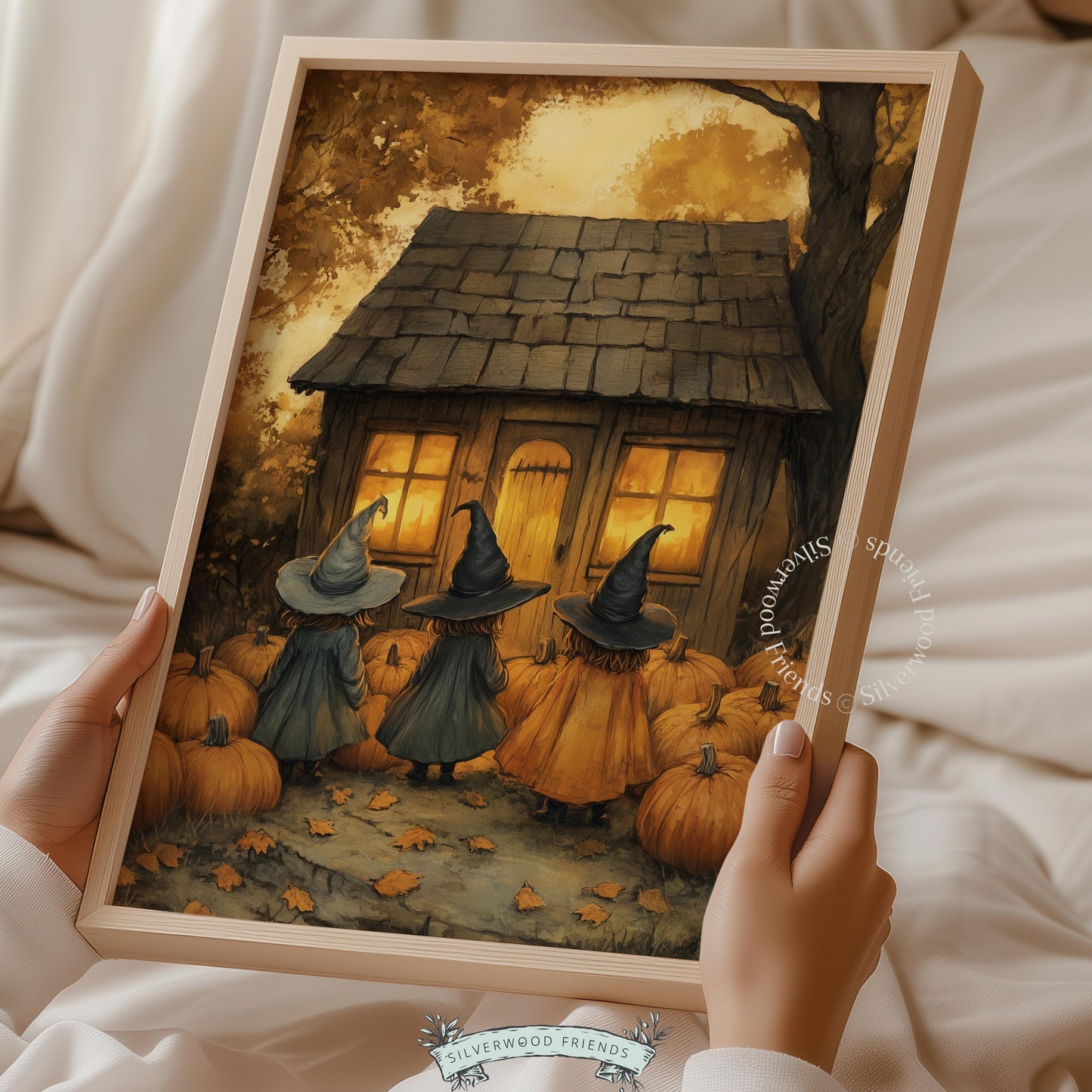 Witches in pointed hats wall decor for dining room — weathered wooden house with pumpkins and burnished orange palette